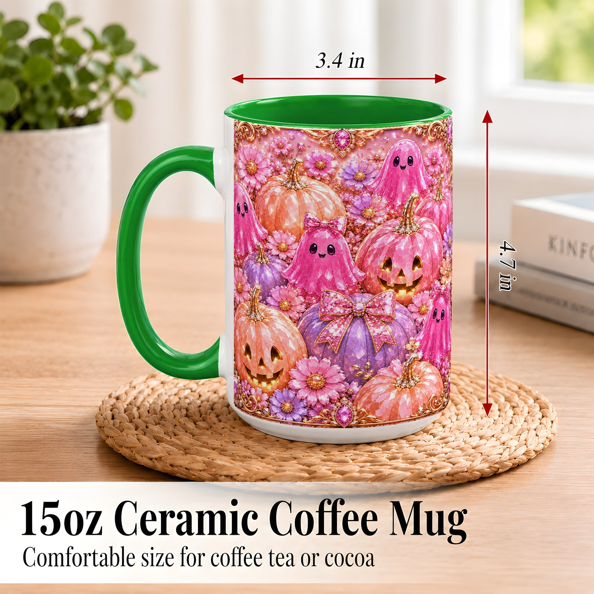 #pl[15oz|Green] Cute Pink Ghost Coffee Mug, Halloween Pumpkin Mug, Ceramic Cup