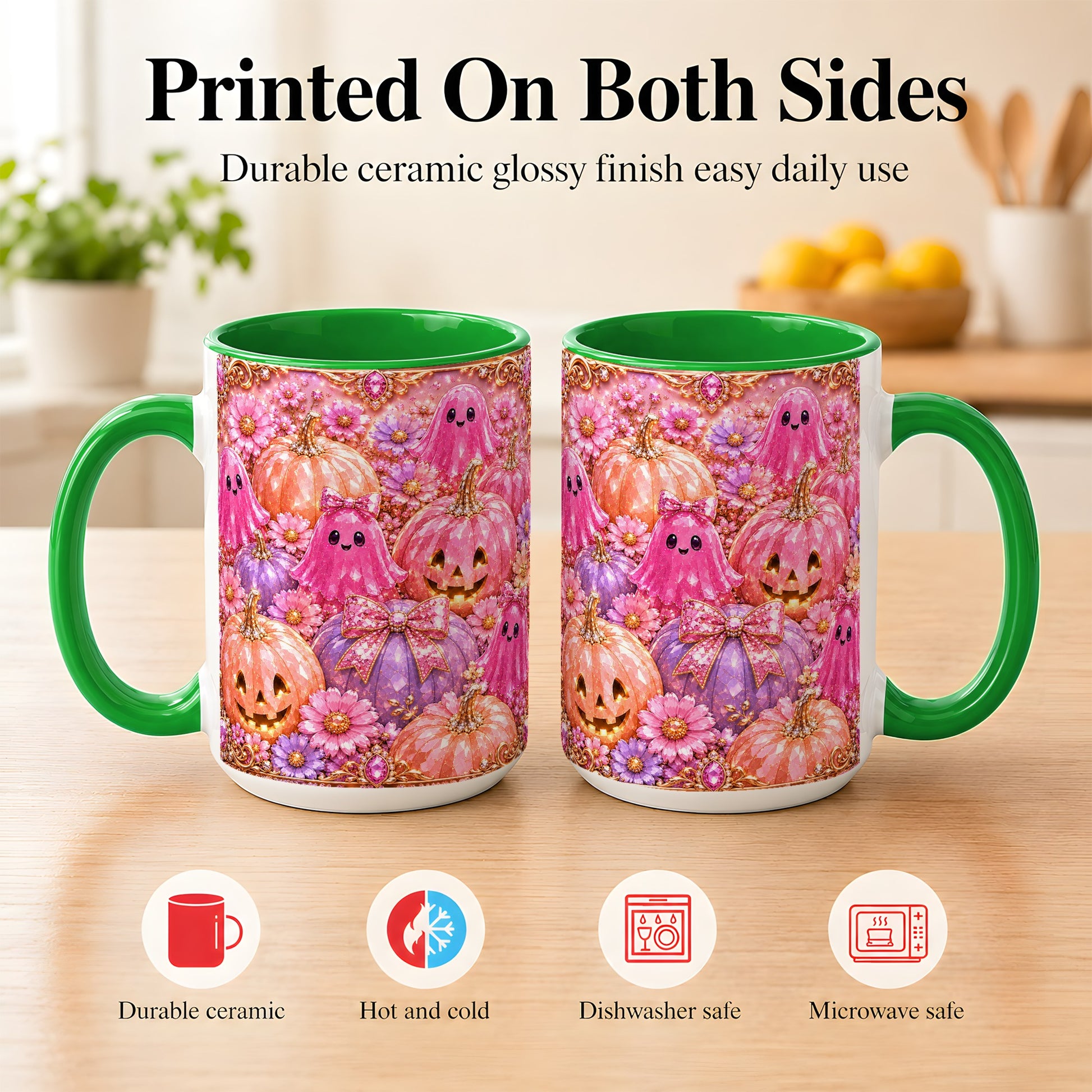 #pl[15oz|Green] Cute Pink Ghost Coffee Mug, Halloween Pumpkin Mug, Ceramic Cup