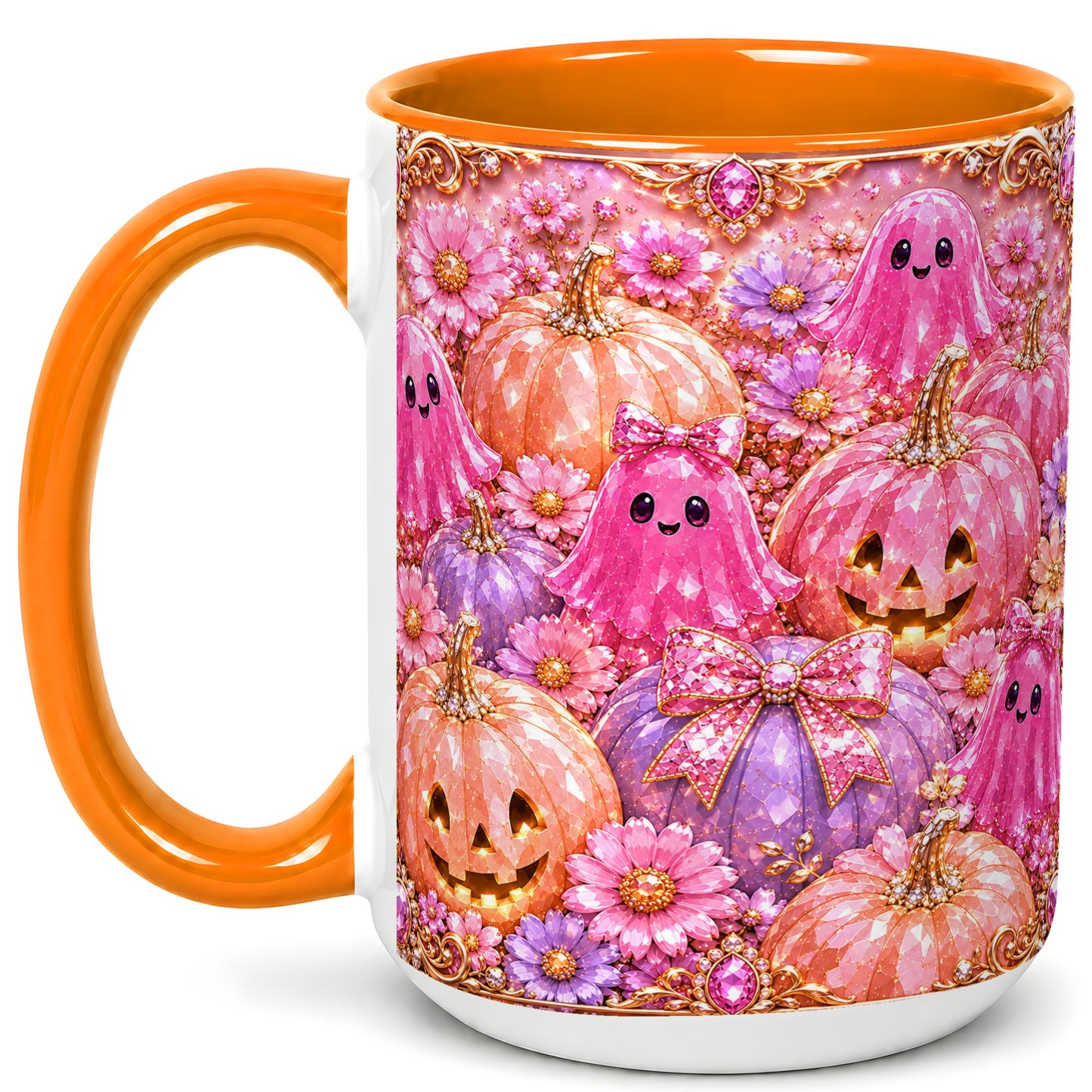 #pl[15oz|Orange] Cute Pink Ghost Coffee Mug, Halloween Pumpkin Mug, Ceramic Cup