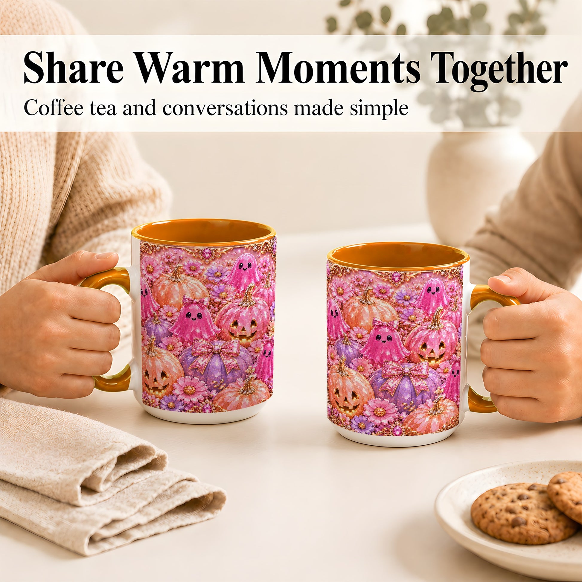 #pl[15oz|Orange] Cute Pink Ghost Coffee Mug, Halloween Pumpkin Mug, Ceramic Cup