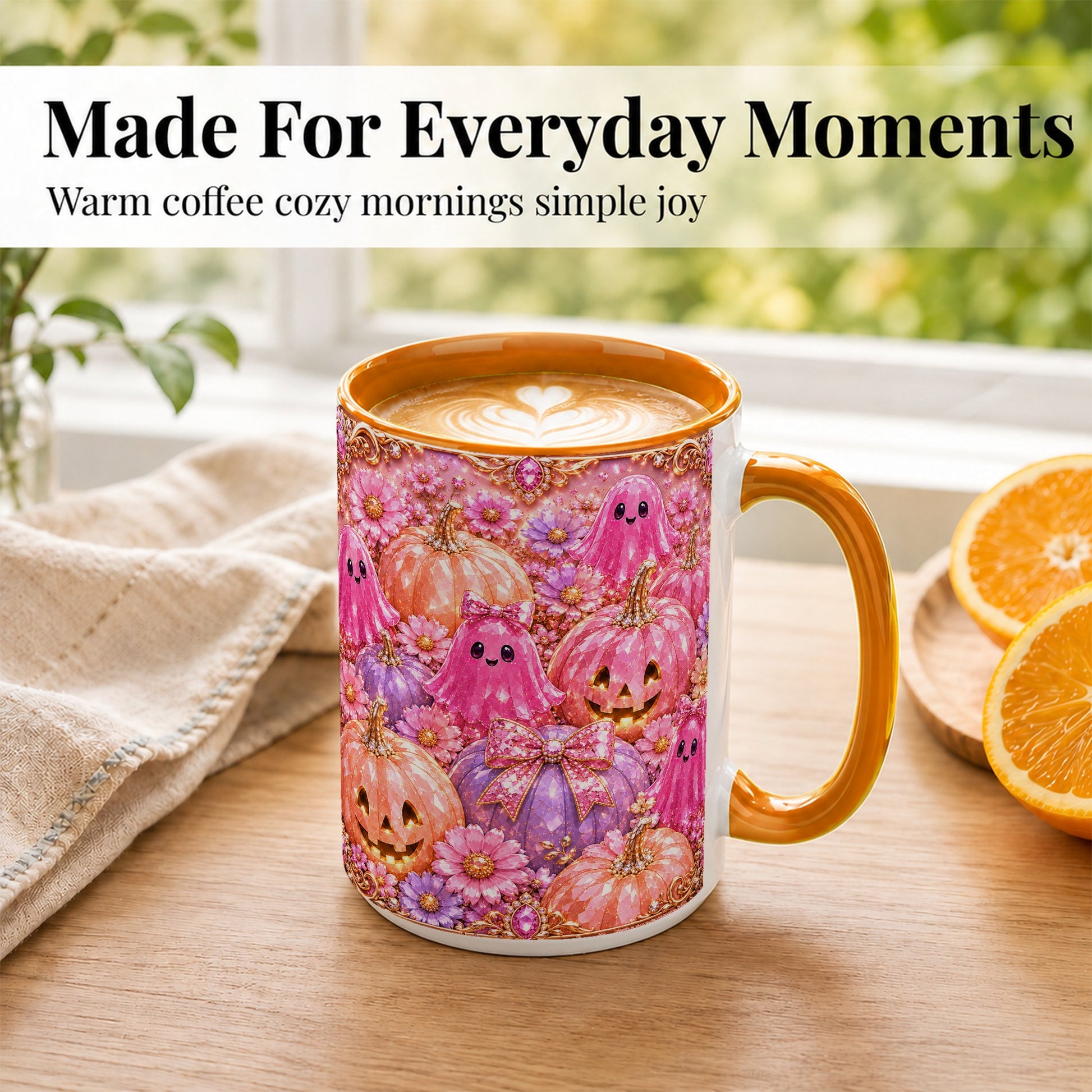 #pl[15oz|Orange] Cute Pink Ghost Coffee Mug, Halloween Pumpkin Mug, Ceramic Cup