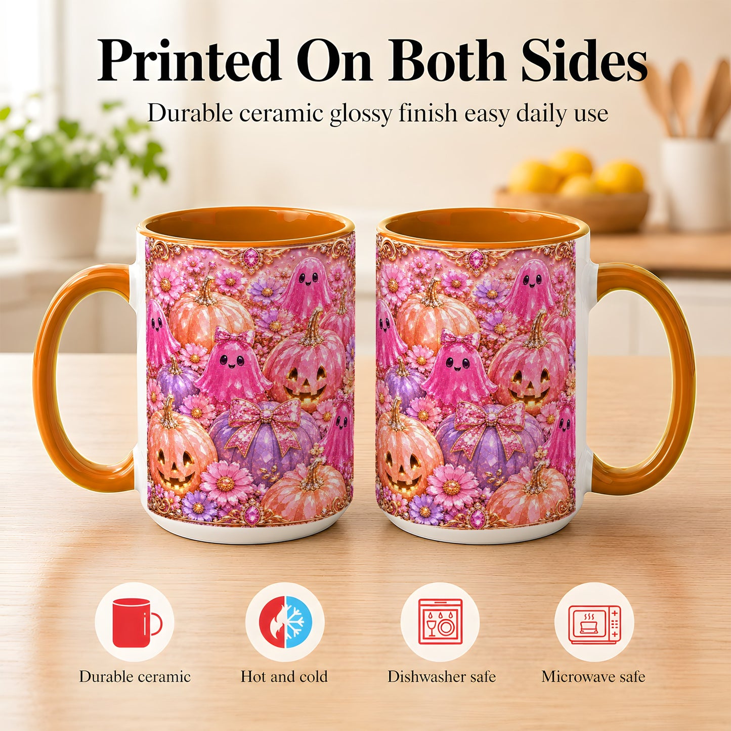 #pl[15oz|Orange] Cute Pink Ghost Coffee Mug, Halloween Pumpkin Mug, Ceramic Cup
