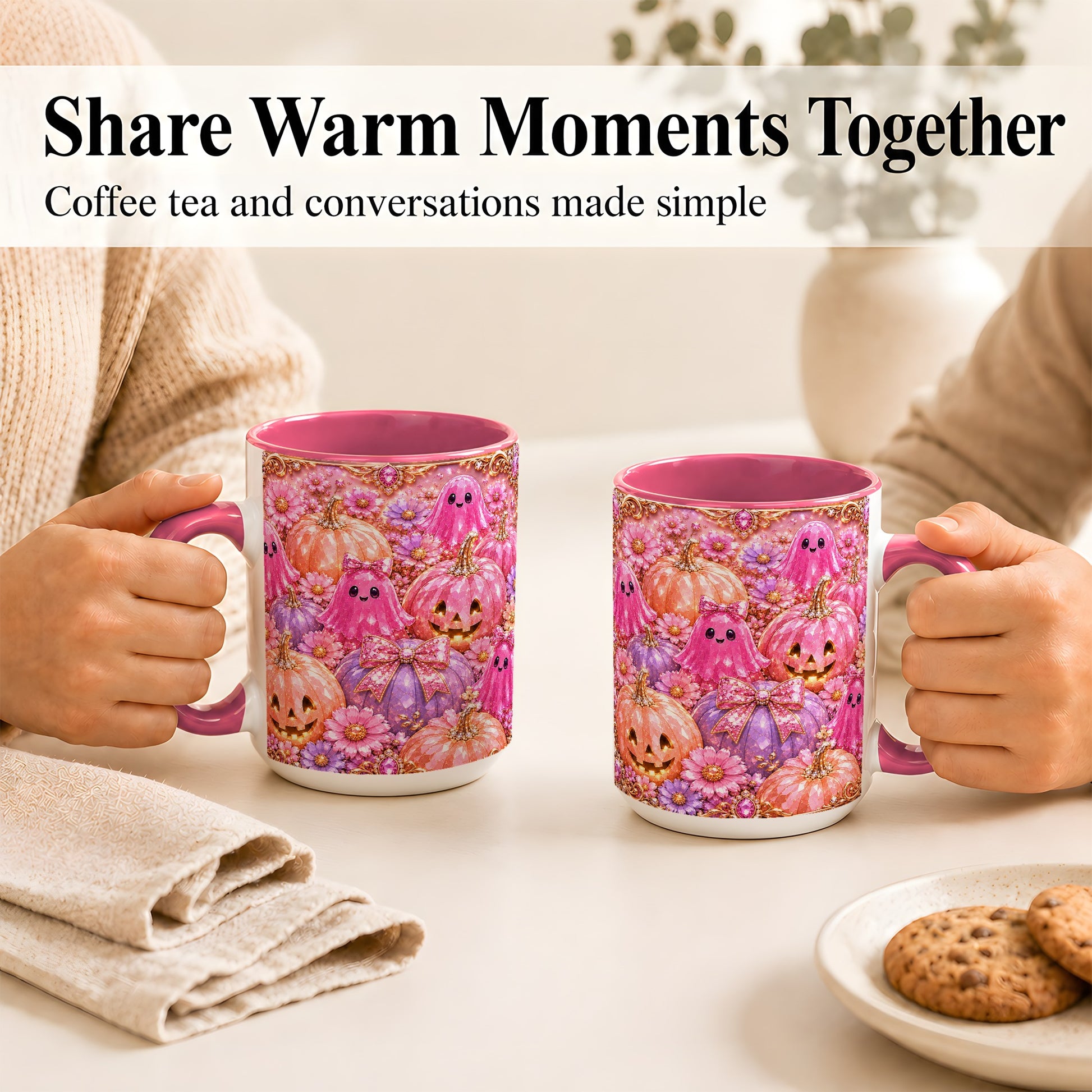 #pl[15oz|Pink] Cute Pink Ghost Coffee Mug, Halloween Pumpkin Mug, Ceramic Cup