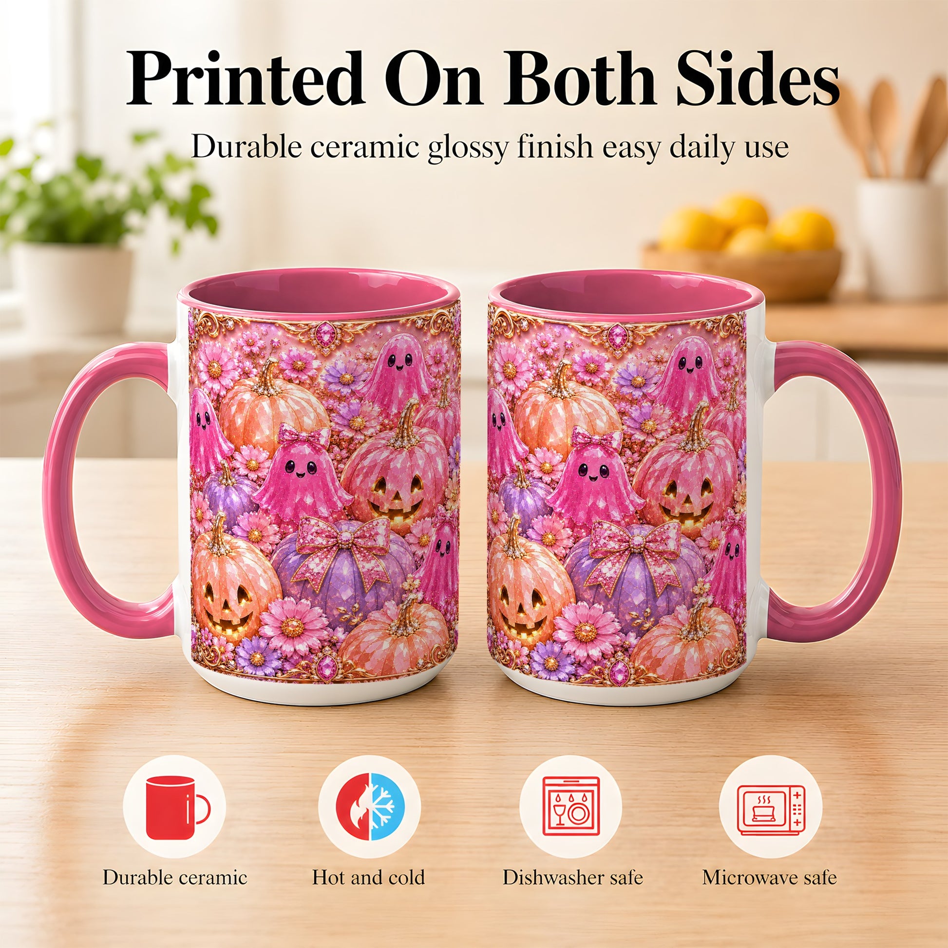 #pl[15oz|Pink] Cute Pink Ghost Coffee Mug, Halloween Pumpkin Mug, Ceramic Cup