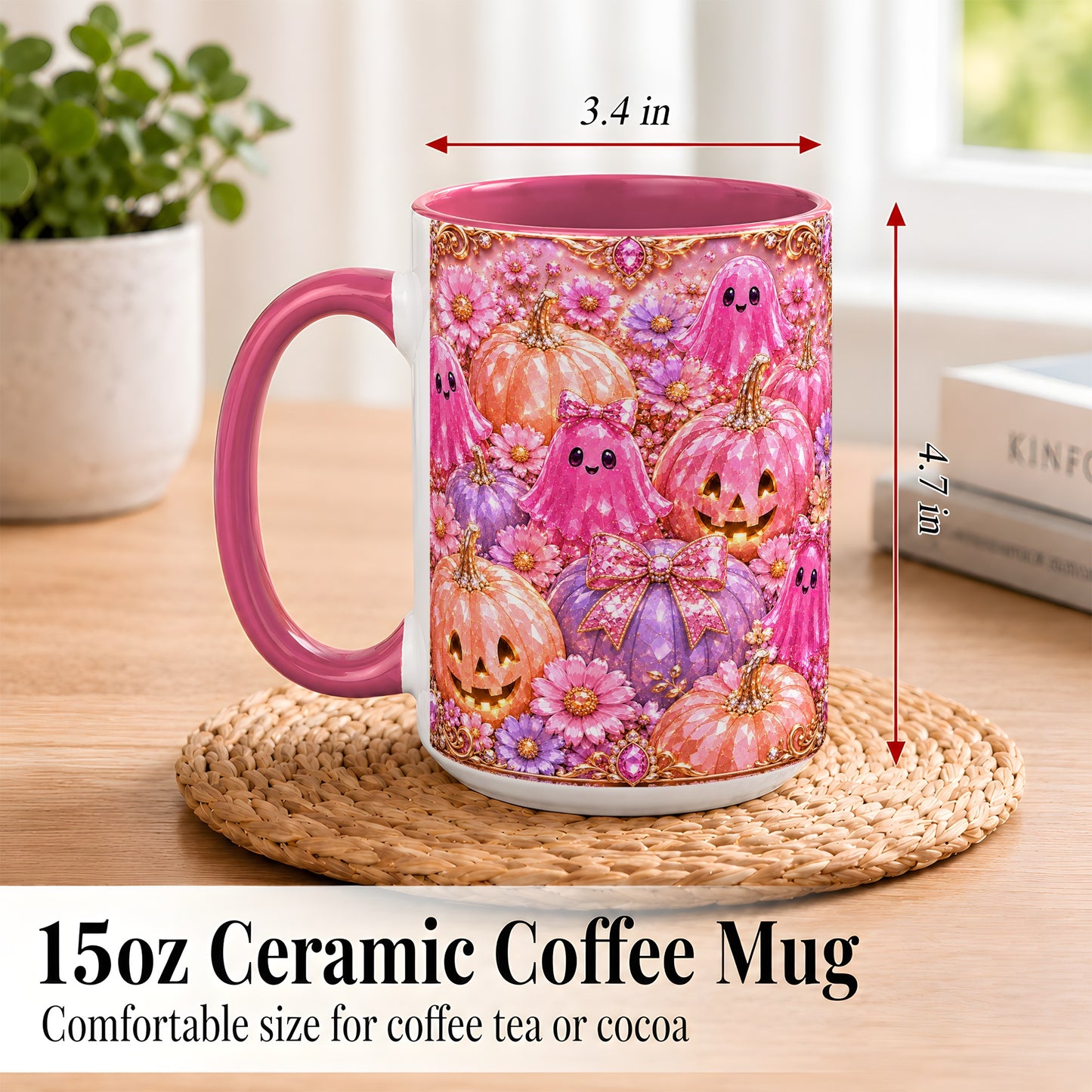 #pl[15oz|Pink] Cute Pink Ghost Coffee Mug, Halloween Pumpkin Mug, Ceramic Cup