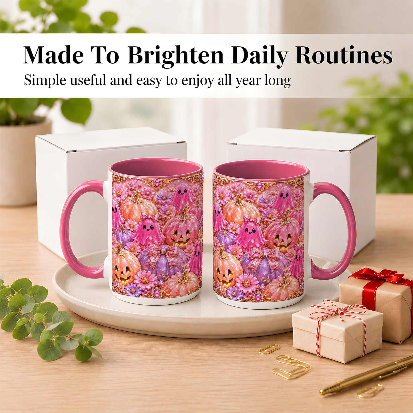 #pl[15oz|Pink] Cute Pink Ghost Coffee Mug, Halloween Pumpkin Mug, Ceramic Cup