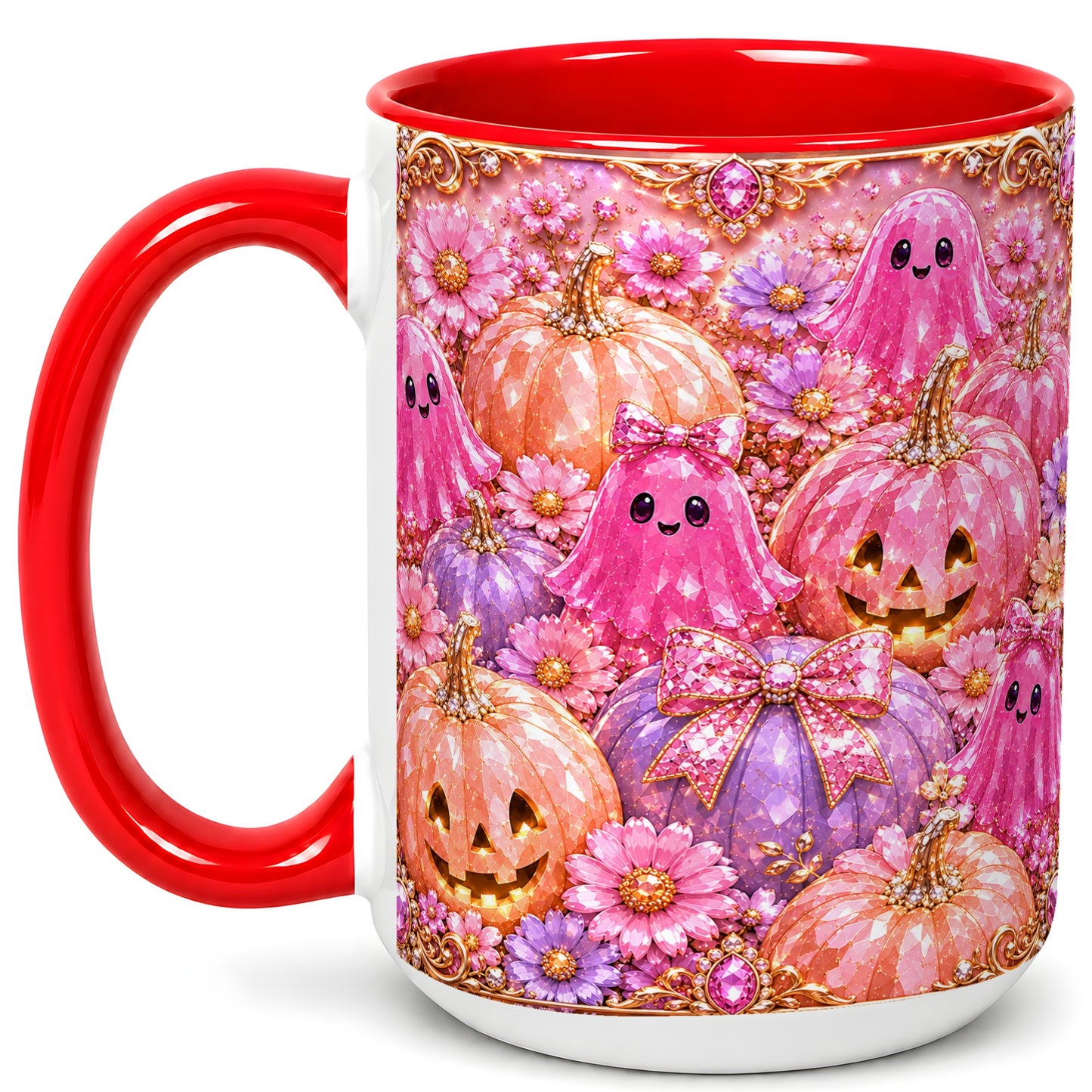 #pl[15oz|Red] Cute Pink Ghost Coffee Mug, Halloween Pumpkin Mug, Ceramic Cup