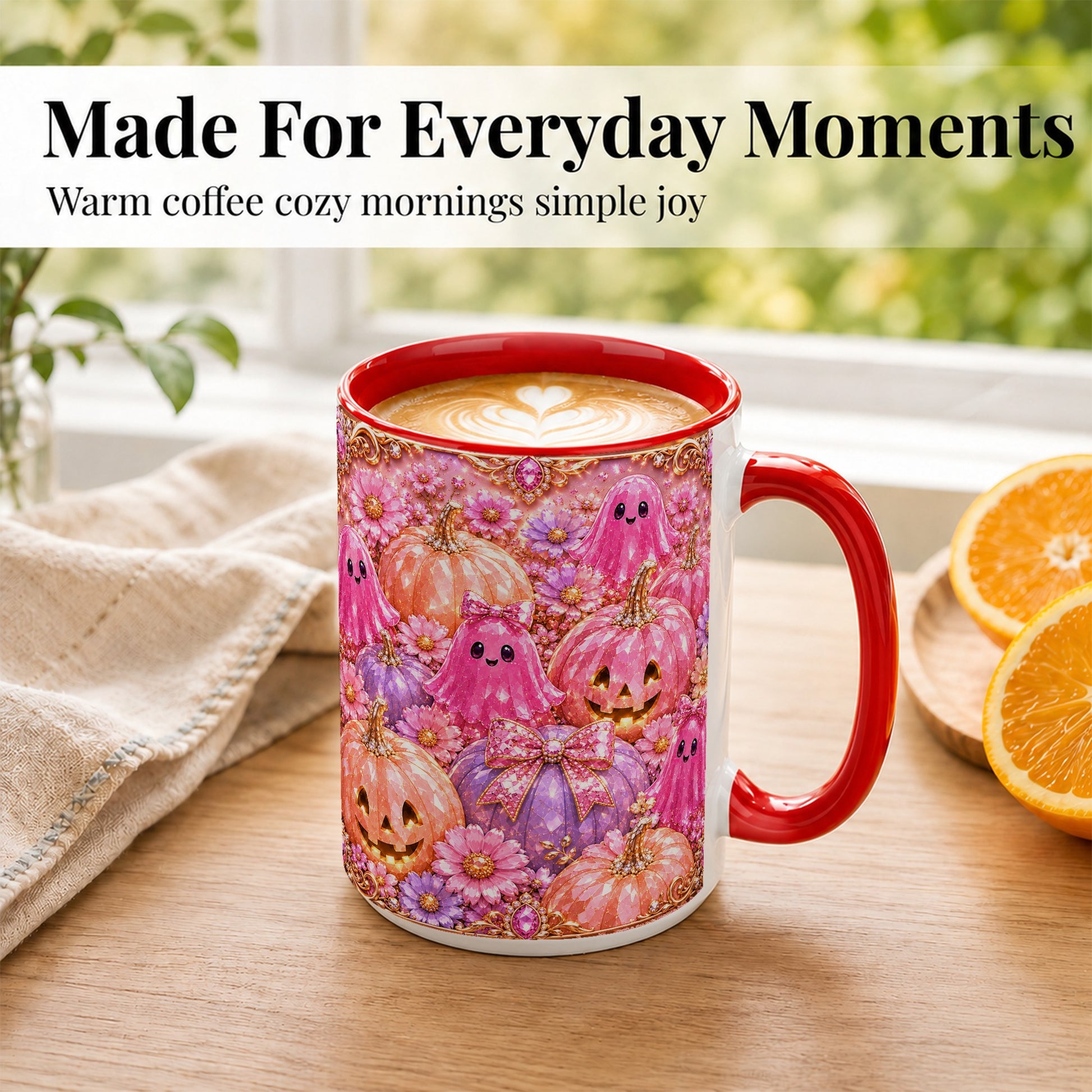 #pl[15oz|Red] Cute Pink Ghost Coffee Mug, Halloween Pumpkin Mug, Ceramic Cup