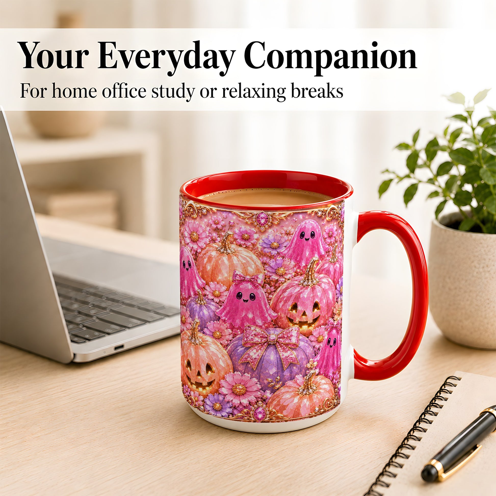 #pl[15oz|Red] Cute Pink Ghost Coffee Mug, Halloween Pumpkin Mug, Ceramic Cup