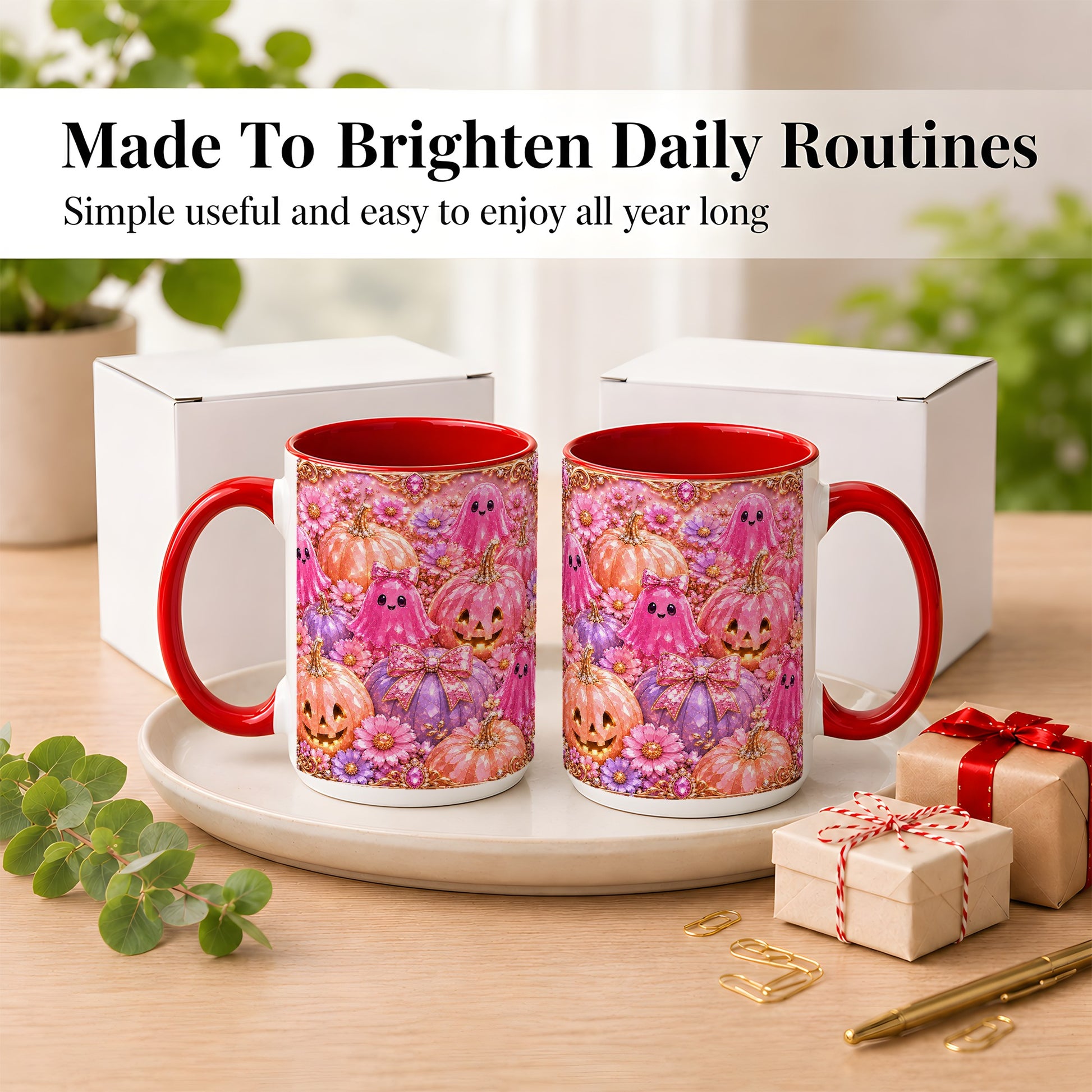 #pl[15oz|Red] Cute Pink Ghost Coffee Mug, Halloween Pumpkin Mug, Ceramic Cup
