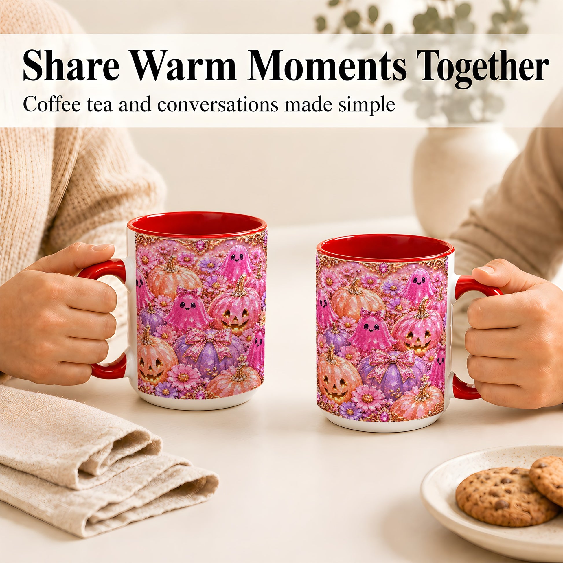#pl[15oz|Red] Cute Pink Ghost Coffee Mug, Halloween Pumpkin Mug, Ceramic Cup
