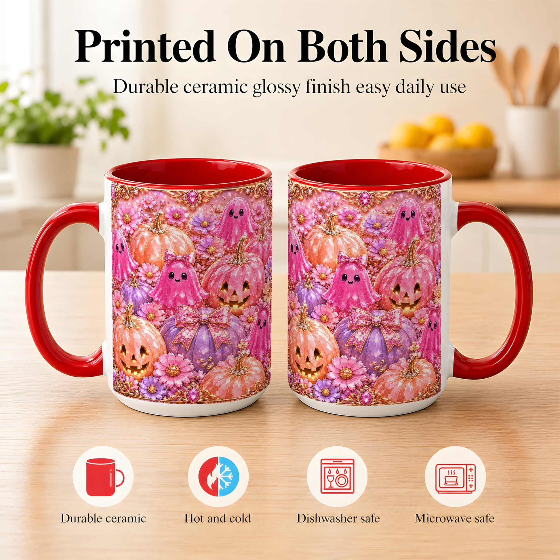 #pl[15oz|Red] Cute Pink Ghost Coffee Mug, Halloween Pumpkin Mug, Ceramic Cup