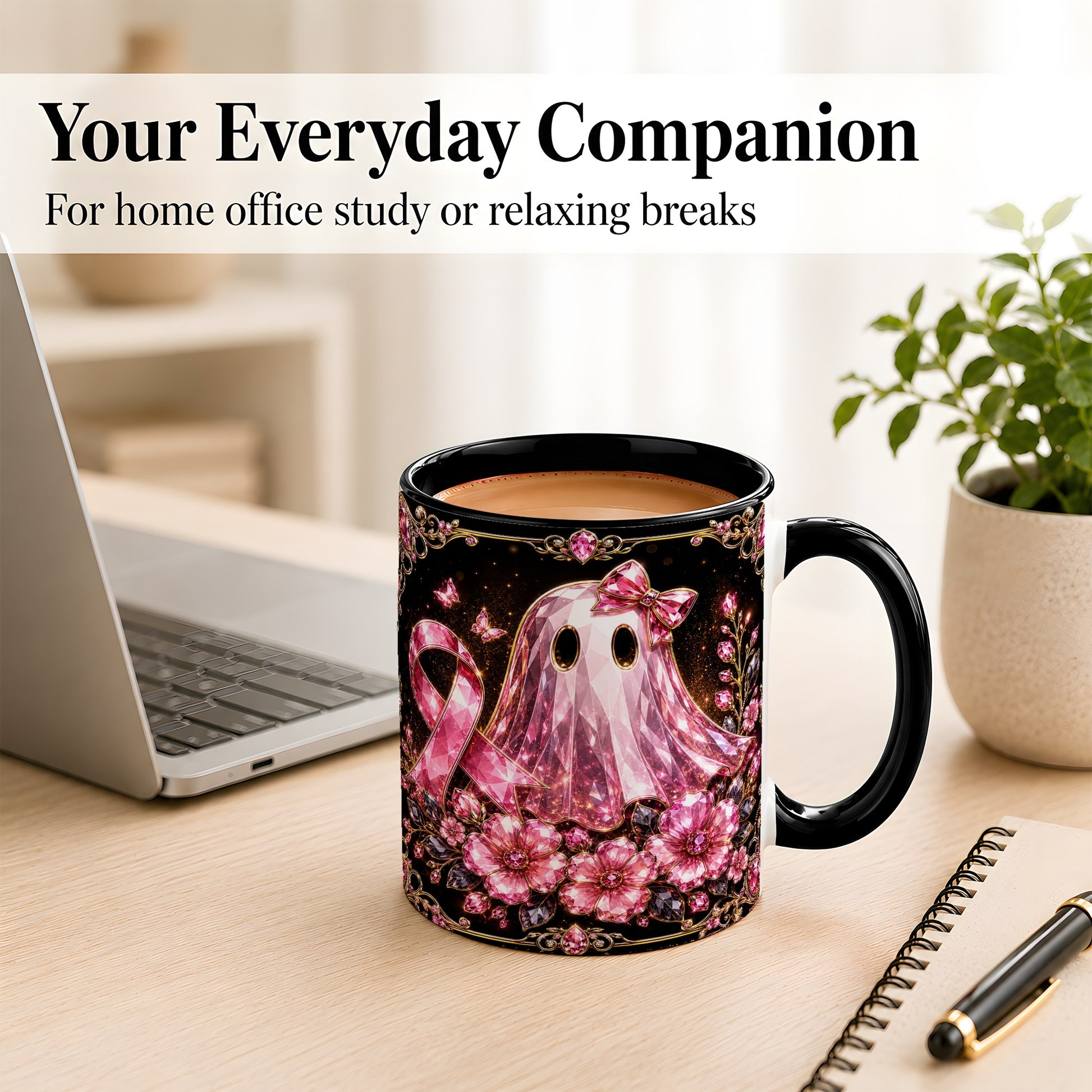 #pl[11oz|Black] Pink Ribbon Ghost Coffee Mug, Floral Awareness Mug, Ceramic Cup