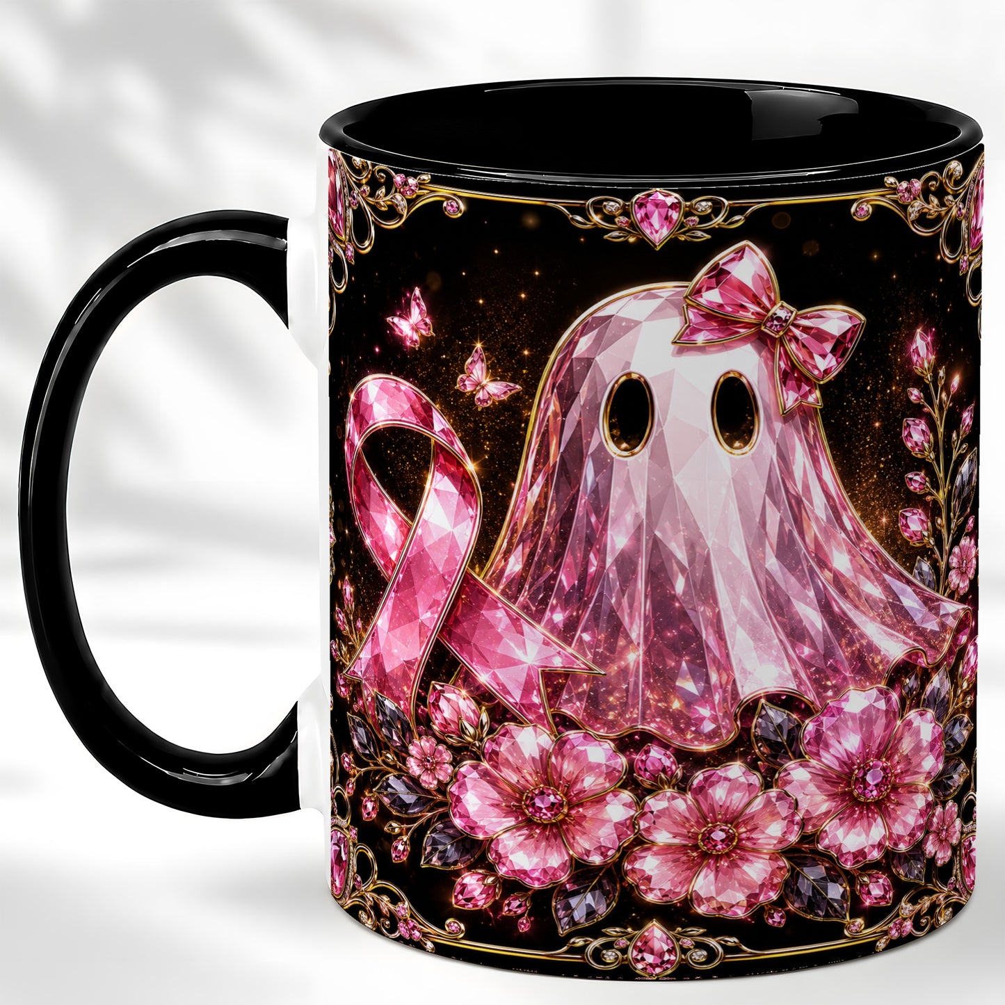 #pl[11oz|Black] Pink Ribbon Ghost Coffee Mug, Floral Awareness Mug, Ceramic Cup