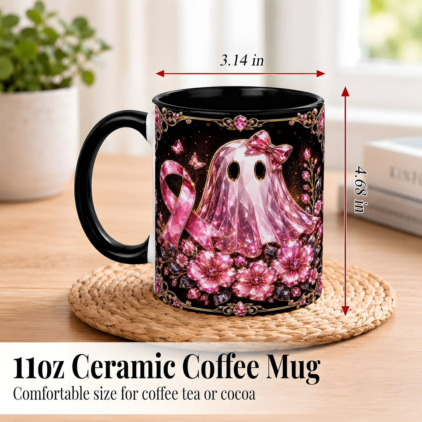 #pl[11oz|Black] Pink Ribbon Ghost Coffee Mug, Floral Awareness Mug, Ceramic Cup