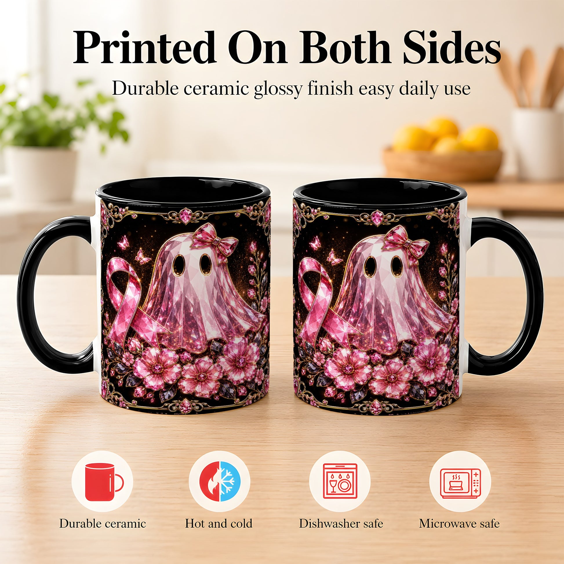 #pl[11oz|Black] Pink Ribbon Ghost Coffee Mug, Floral Awareness Mug, Ceramic Cup