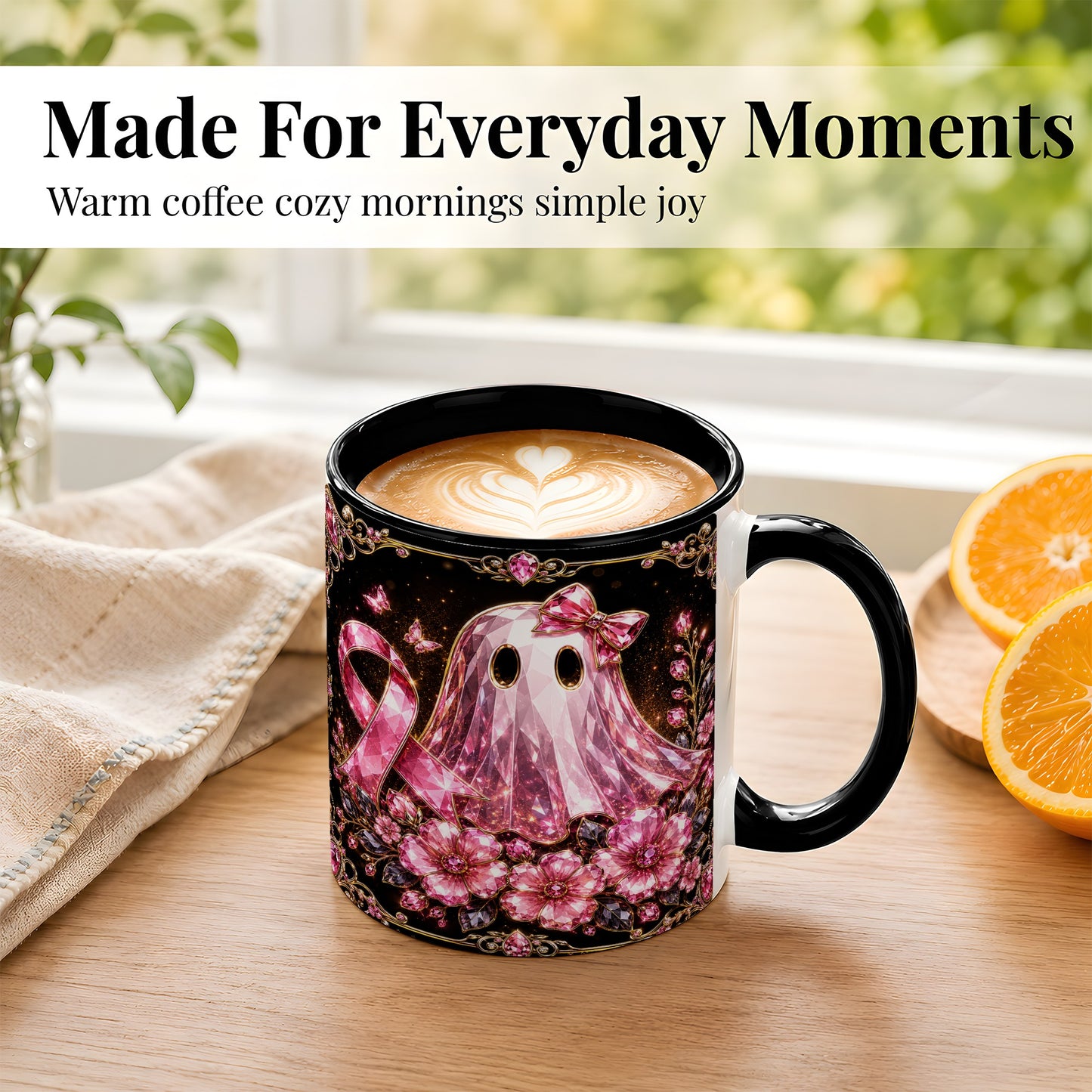 #pl[11oz|Black] Pink Ribbon Ghost Coffee Mug, Floral Awareness Mug, Ceramic Cup