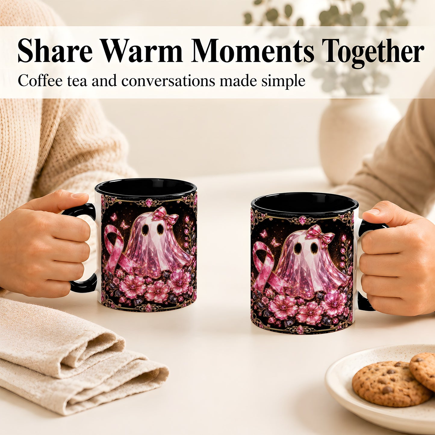 #pl[11oz|Black] Pink Ribbon Ghost Coffee Mug, Floral Awareness Mug, Ceramic Cup