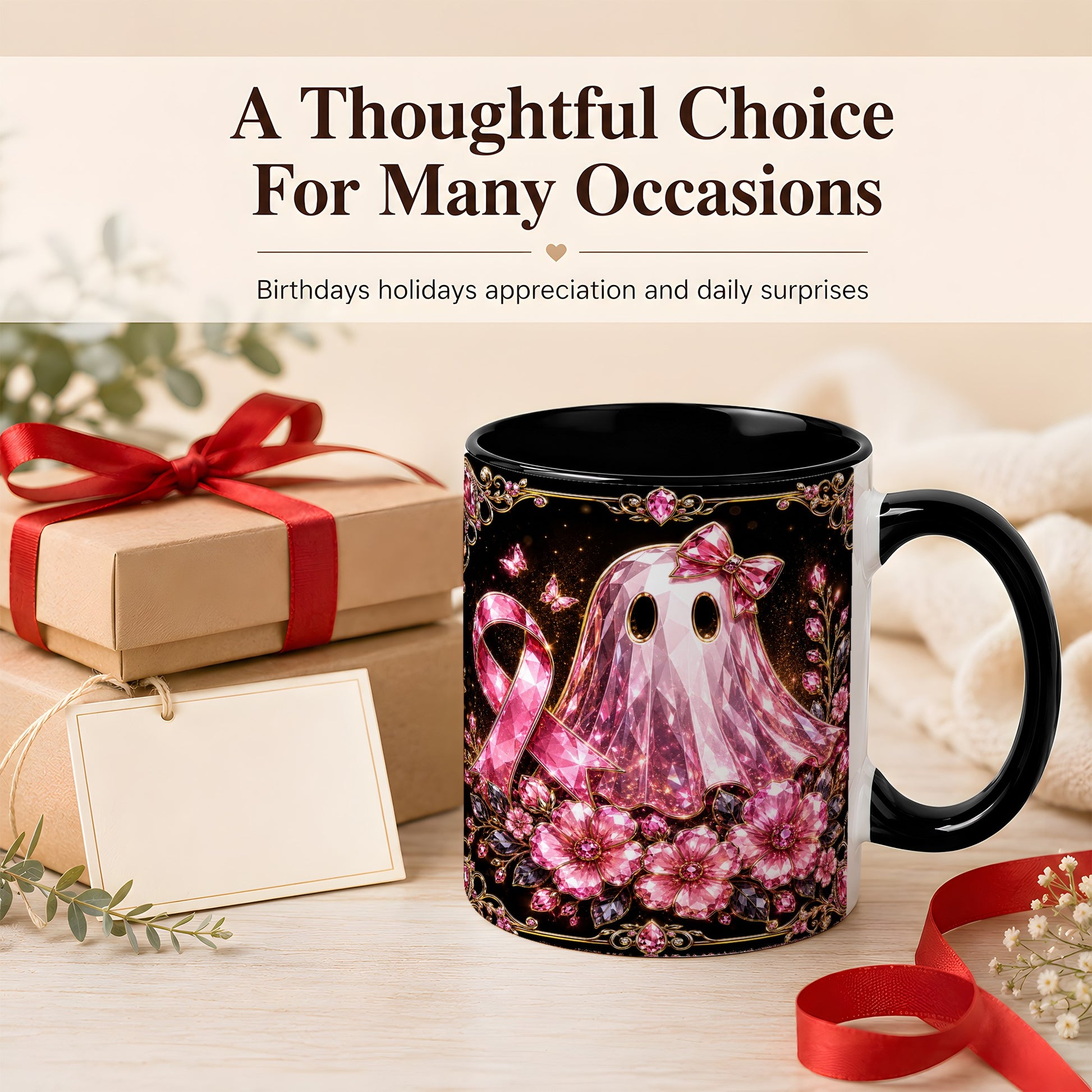 #pl[11oz|Black] Pink Ribbon Ghost Coffee Mug, Floral Awareness Mug, Ceramic Cup