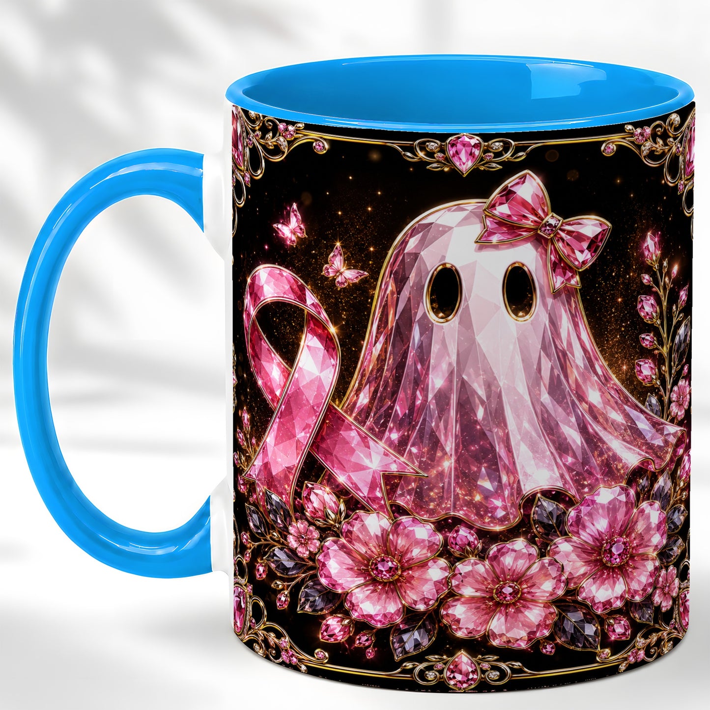 #pl[11oz|Blue] Pink Ribbon Ghost Coffee Mug, Floral Awareness Mug, Ceramic Cup