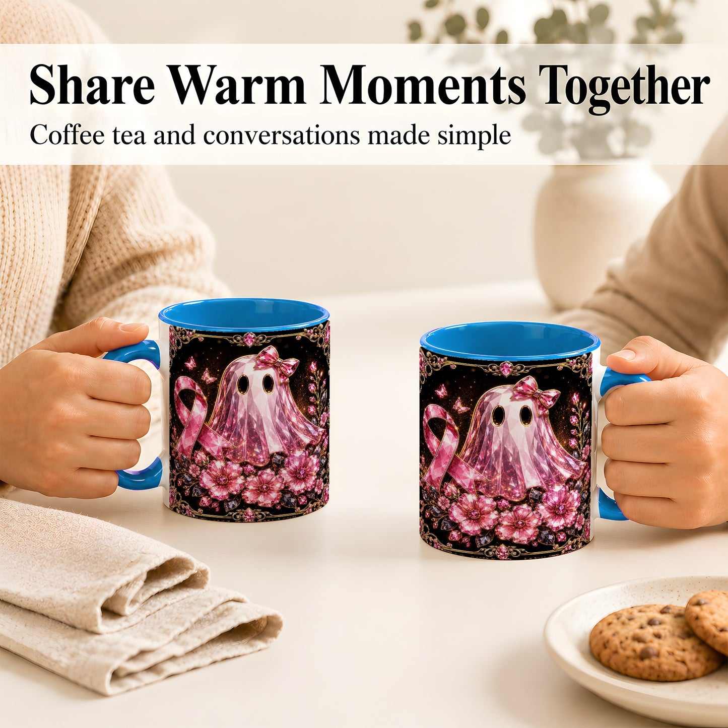 #pl[11oz|Blue] Pink Ribbon Ghost Coffee Mug, Floral Awareness Mug, Ceramic Cup