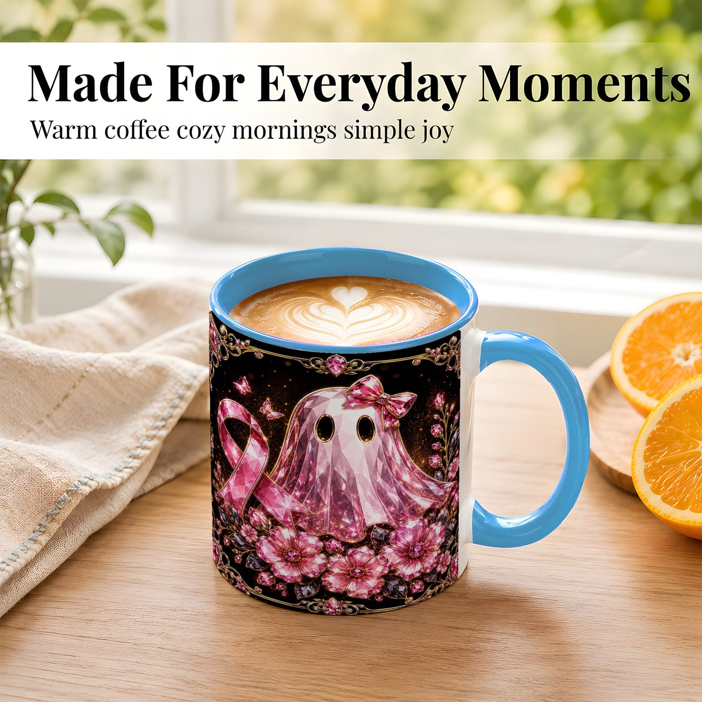 #pl[11oz|Blue] Pink Ribbon Ghost Coffee Mug, Floral Awareness Mug, Ceramic Cup