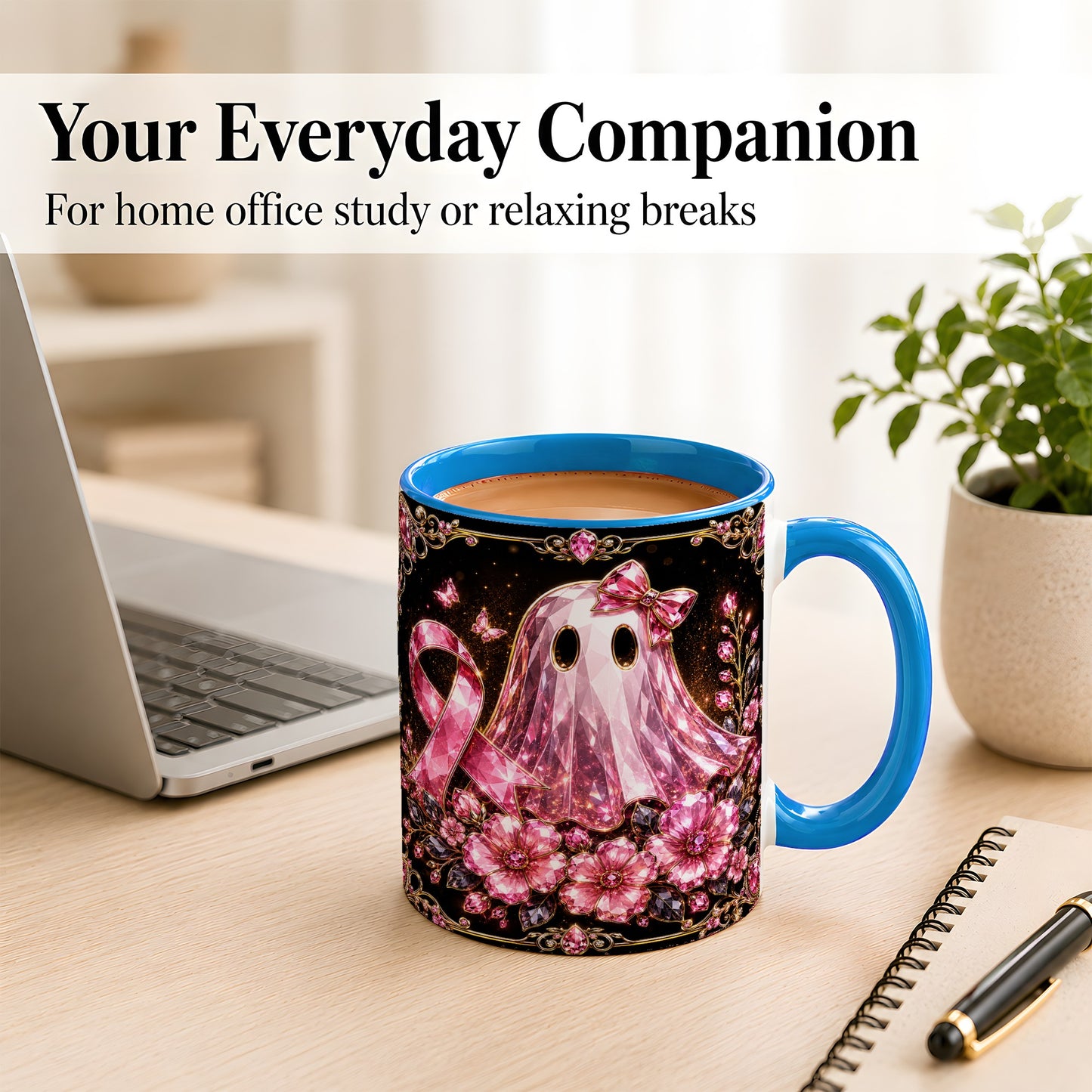 #pl[11oz|Blue] Pink Ribbon Ghost Coffee Mug, Floral Awareness Mug, Ceramic Cup