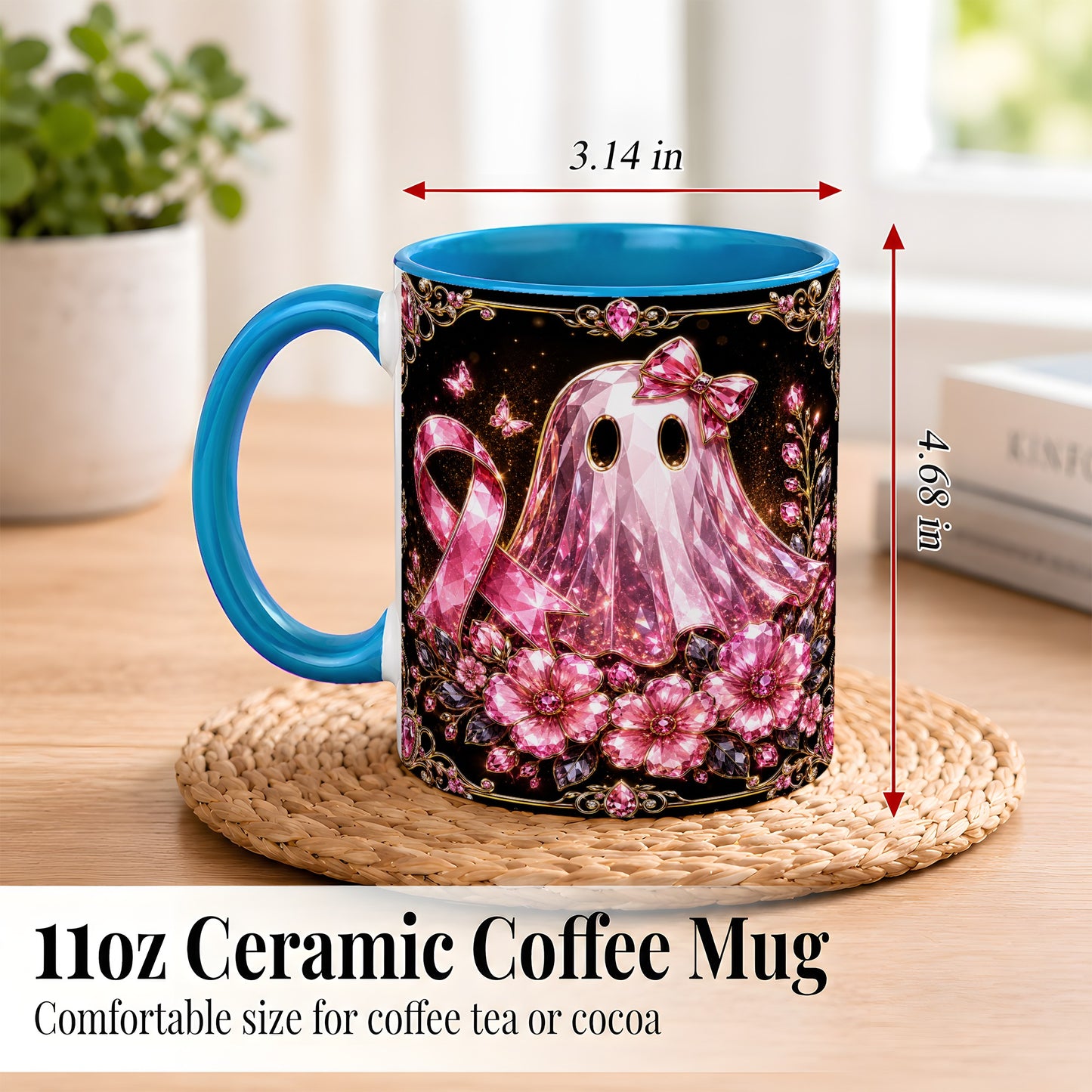 #pl[11oz|Blue] Pink Ribbon Ghost Coffee Mug, Floral Awareness Mug, Ceramic Cup