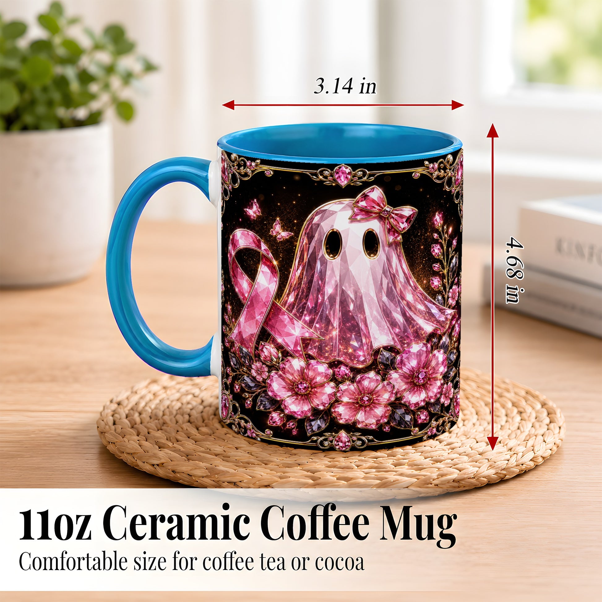 #pl[11oz|Blue] Pink Ribbon Ghost Coffee Mug, Floral Awareness Mug, Ceramic Cup