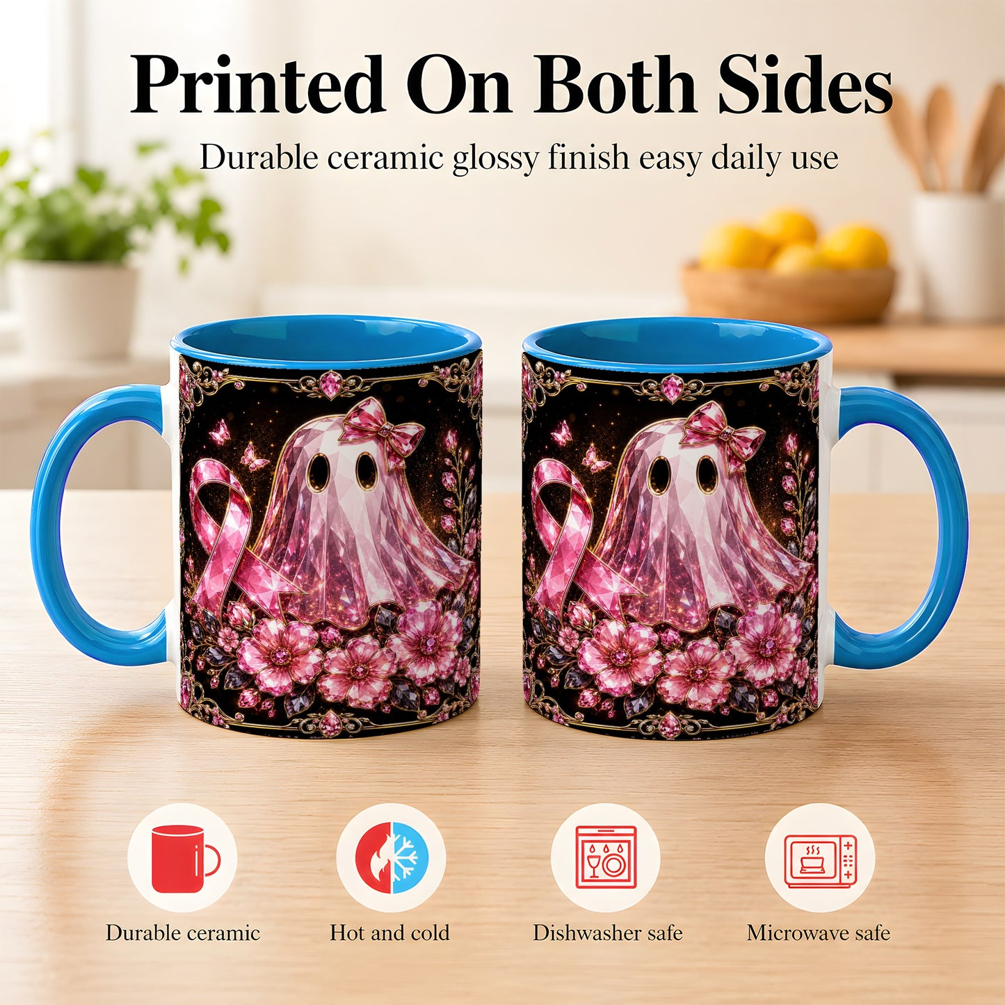 #pl[11oz|Blue] Pink Ribbon Ghost Coffee Mug, Floral Awareness Mug, Ceramic Cup