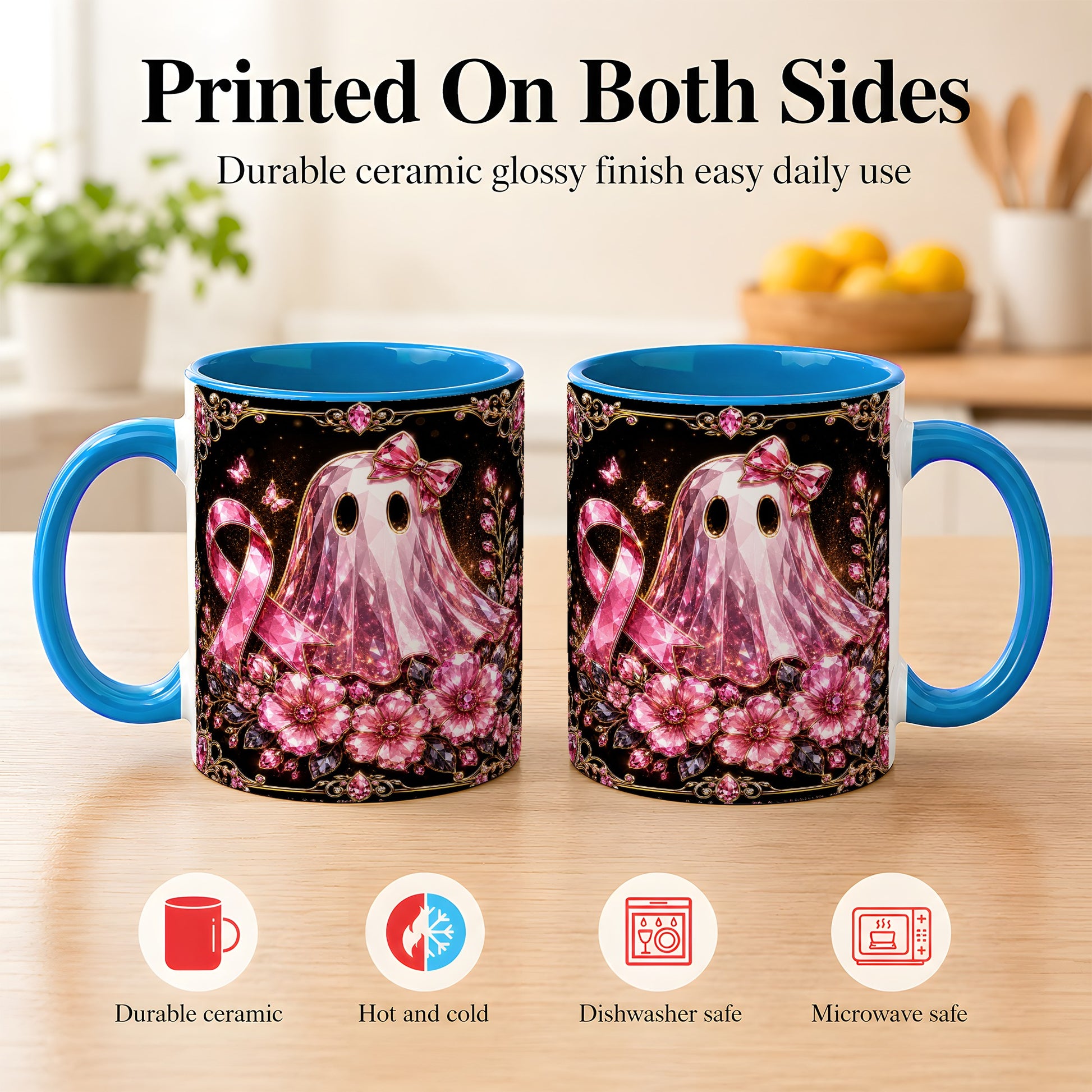 #pl[11oz|Blue] Pink Ribbon Ghost Coffee Mug, Floral Awareness Mug, Ceramic Cup
