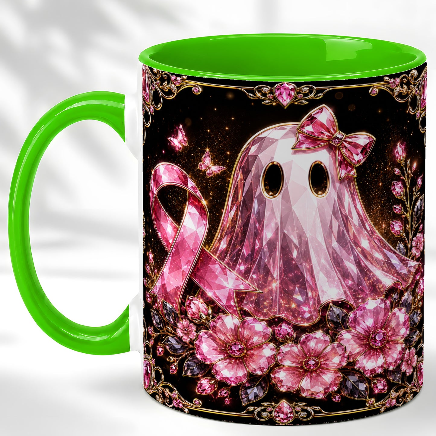 #pl[11oz|Green] Pink Ribbon Ghost Coffee Mug, Floral Awareness Mug, Ceramic Cup