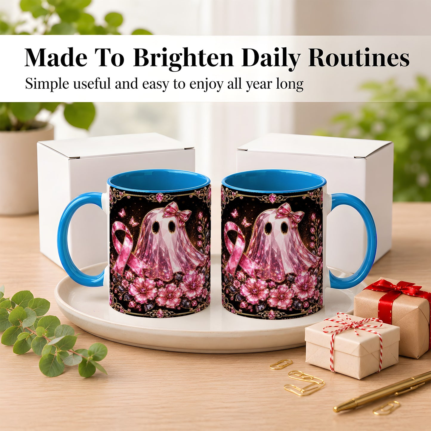 #pl[11oz|Blue] Pink Ribbon Ghost Coffee Mug, Floral Awareness Mug, Ceramic Cup