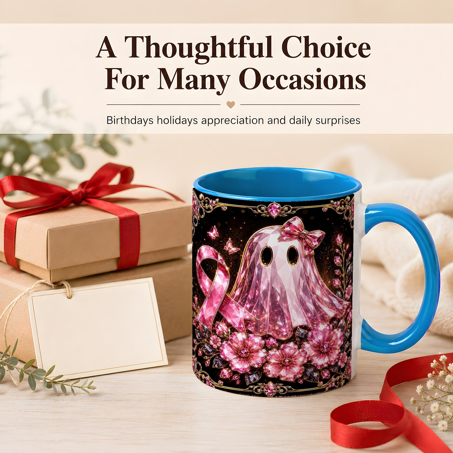 #pl[11oz|Blue] Pink Ribbon Ghost Coffee Mug, Floral Awareness Mug, Ceramic Cup