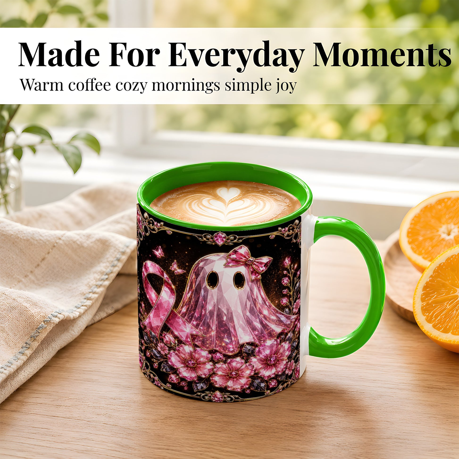 #pl[11oz|Green] Pink Ribbon Ghost Coffee Mug, Floral Awareness Mug, Ceramic Cup