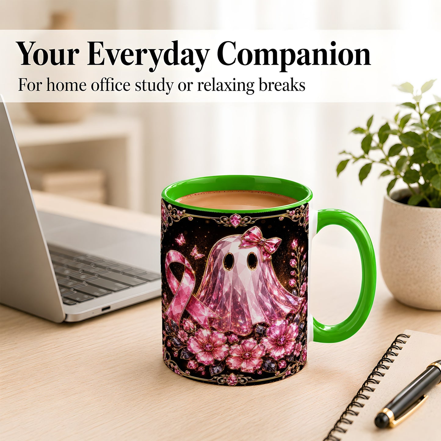 #pl[11oz|Green] Pink Ribbon Ghost Coffee Mug, Floral Awareness Mug, Ceramic Cup