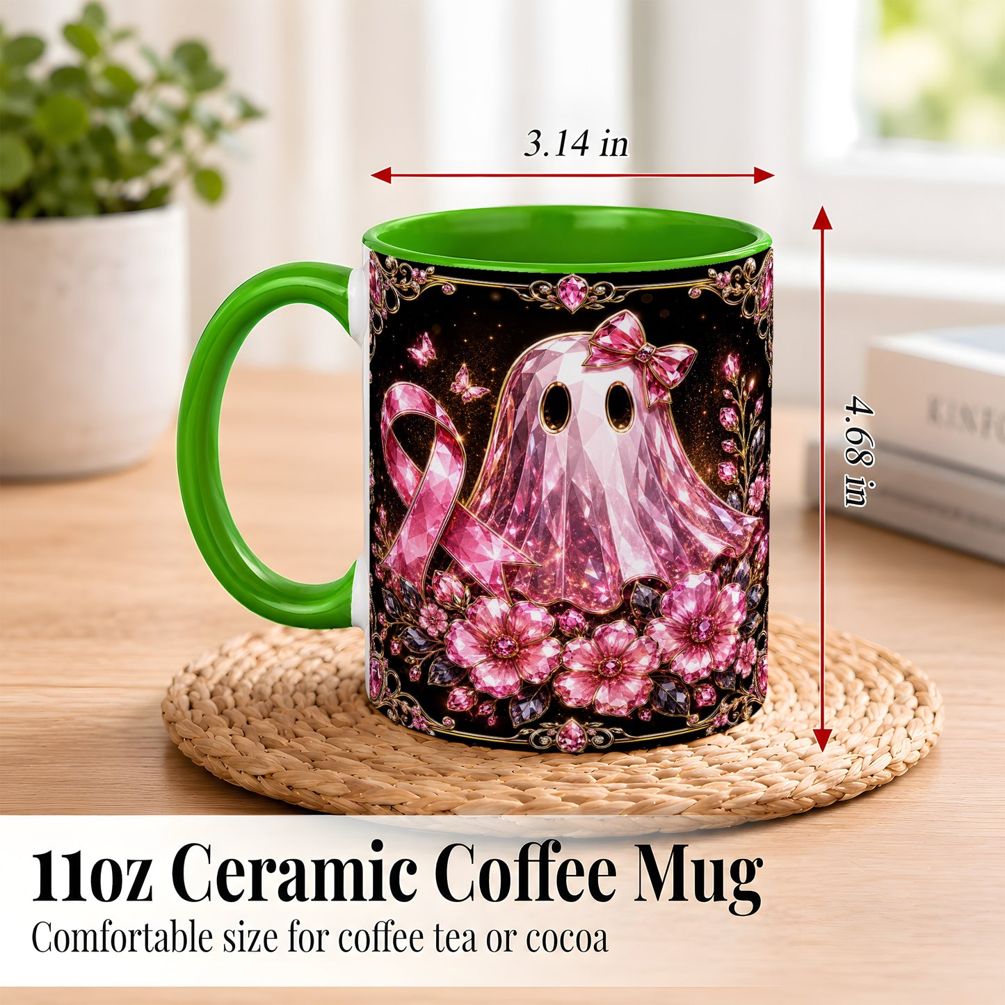 #pl[11oz|Green] Pink Ribbon Ghost Coffee Mug, Floral Awareness Mug, Ceramic Cup