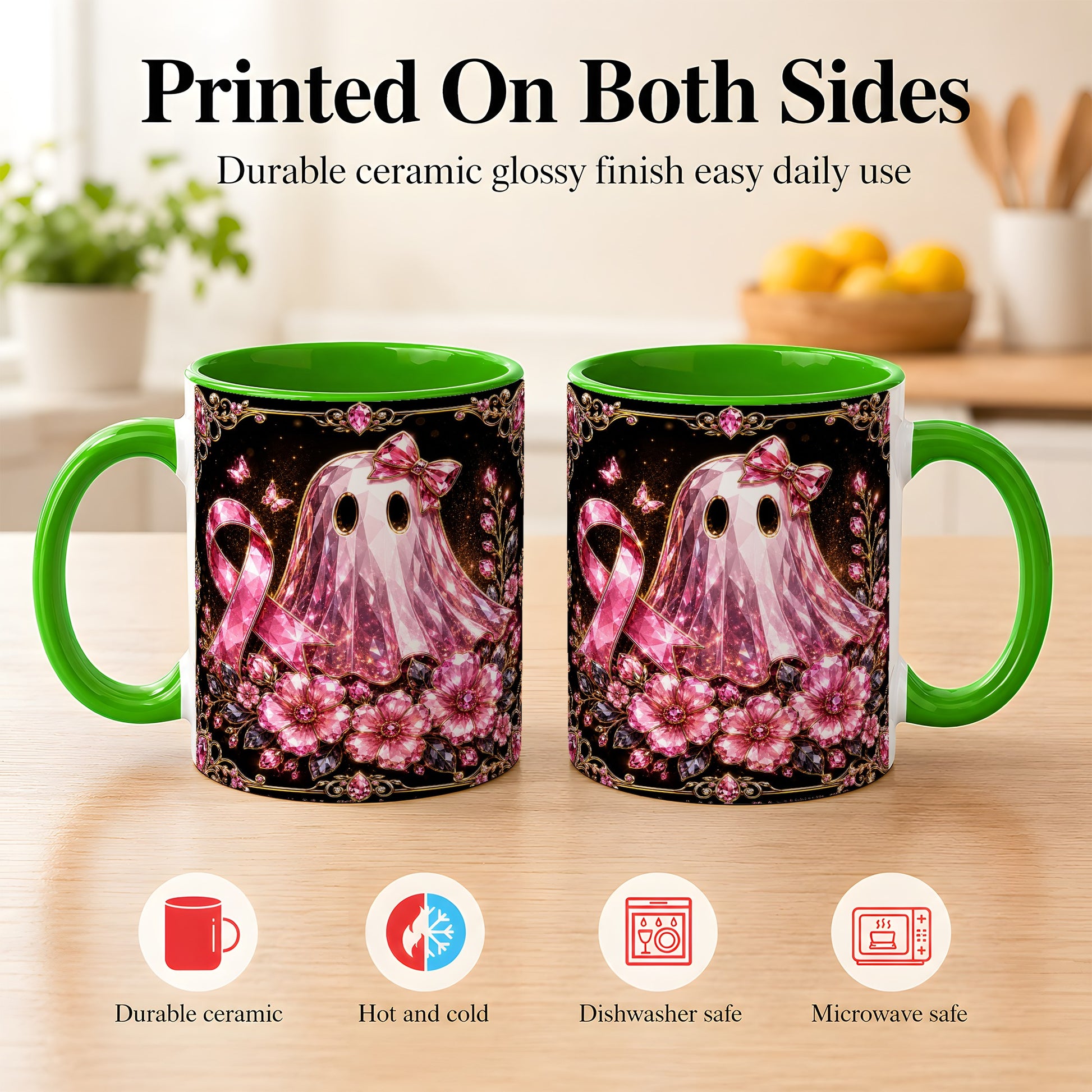 #pl[11oz|Green] Pink Ribbon Ghost Coffee Mug, Floral Awareness Mug, Ceramic Cup