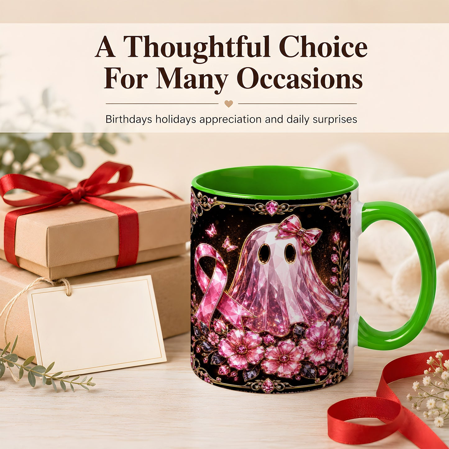 #pl[11oz|Green] Pink Ribbon Ghost Coffee Mug, Floral Awareness Mug, Ceramic Cup