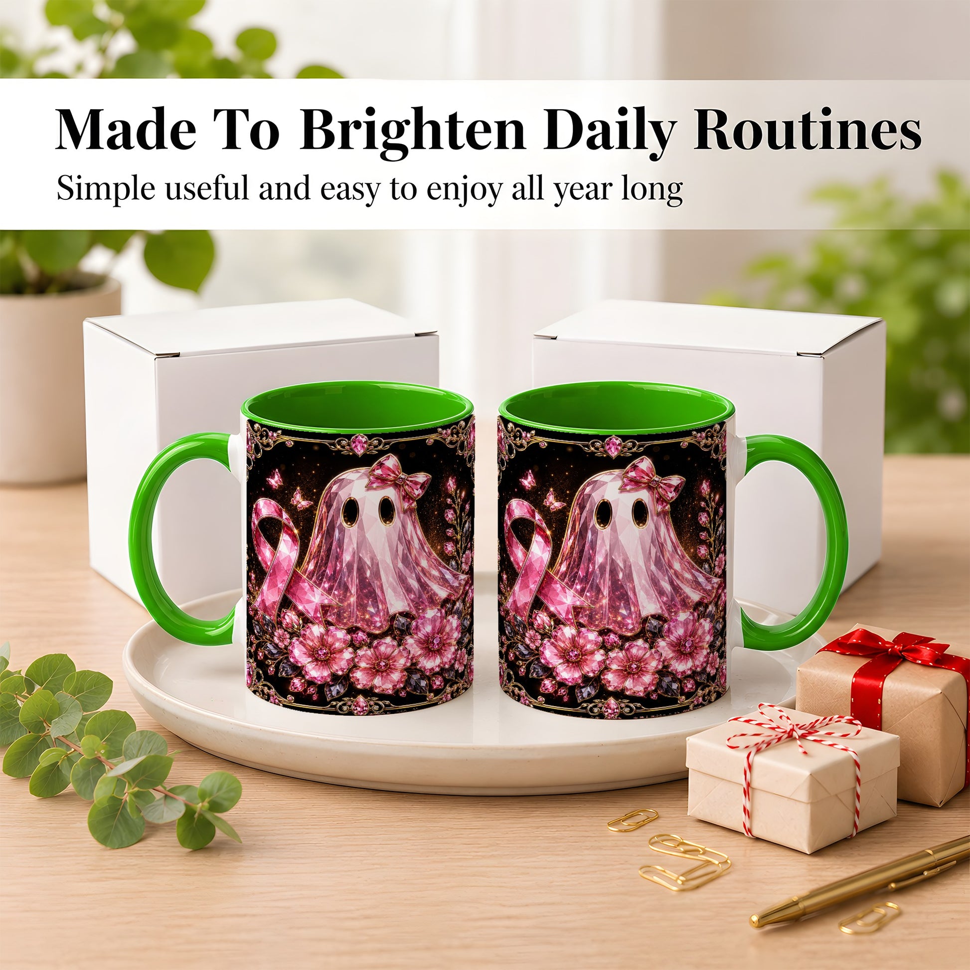 #pl[11oz|Green] Pink Ribbon Ghost Coffee Mug, Floral Awareness Mug, Ceramic Cup