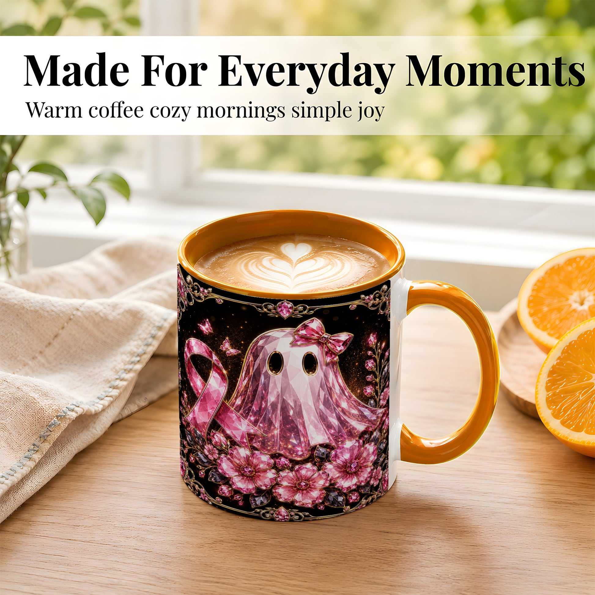 #pl[11oz|Orange] Pink Ribbon Ghost Coffee Mug, Floral Awareness Mug, Ceramic Cup