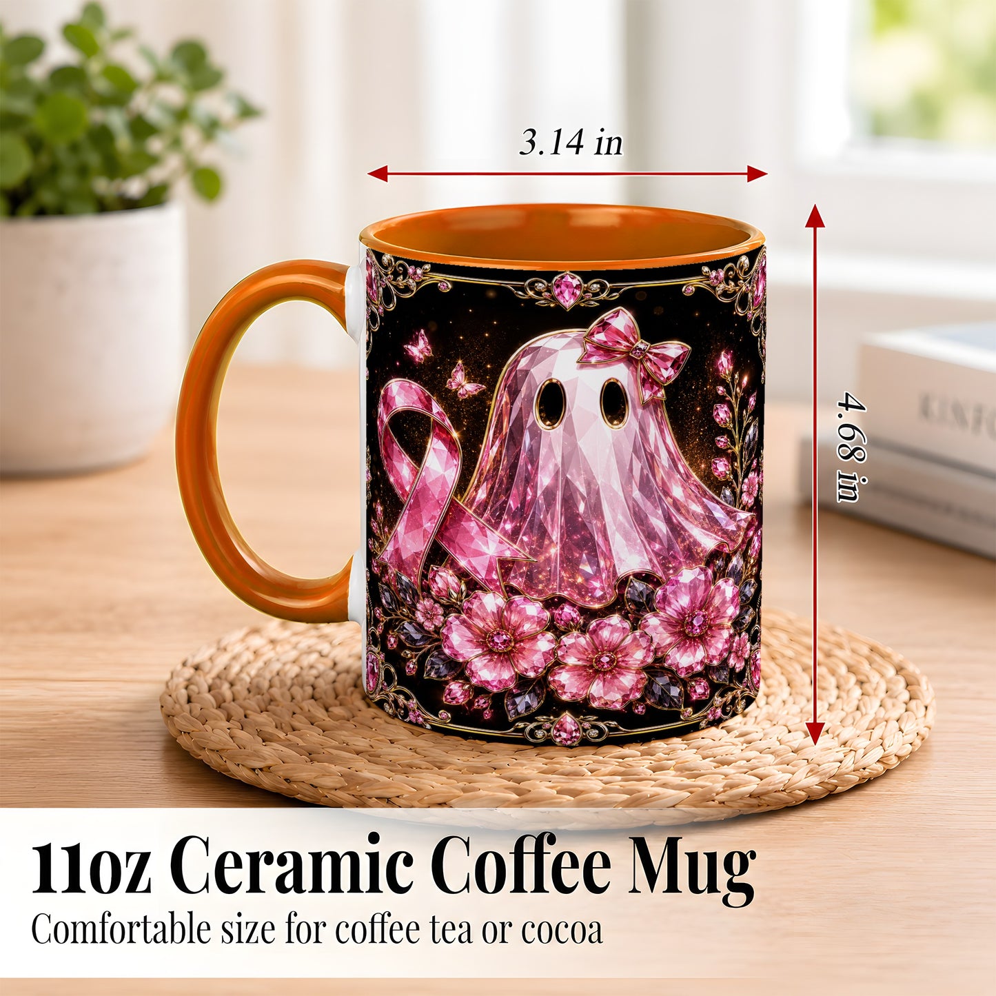 #pl[11oz|Orange] Pink Ribbon Ghost Coffee Mug, Floral Awareness Mug, Ceramic Cup