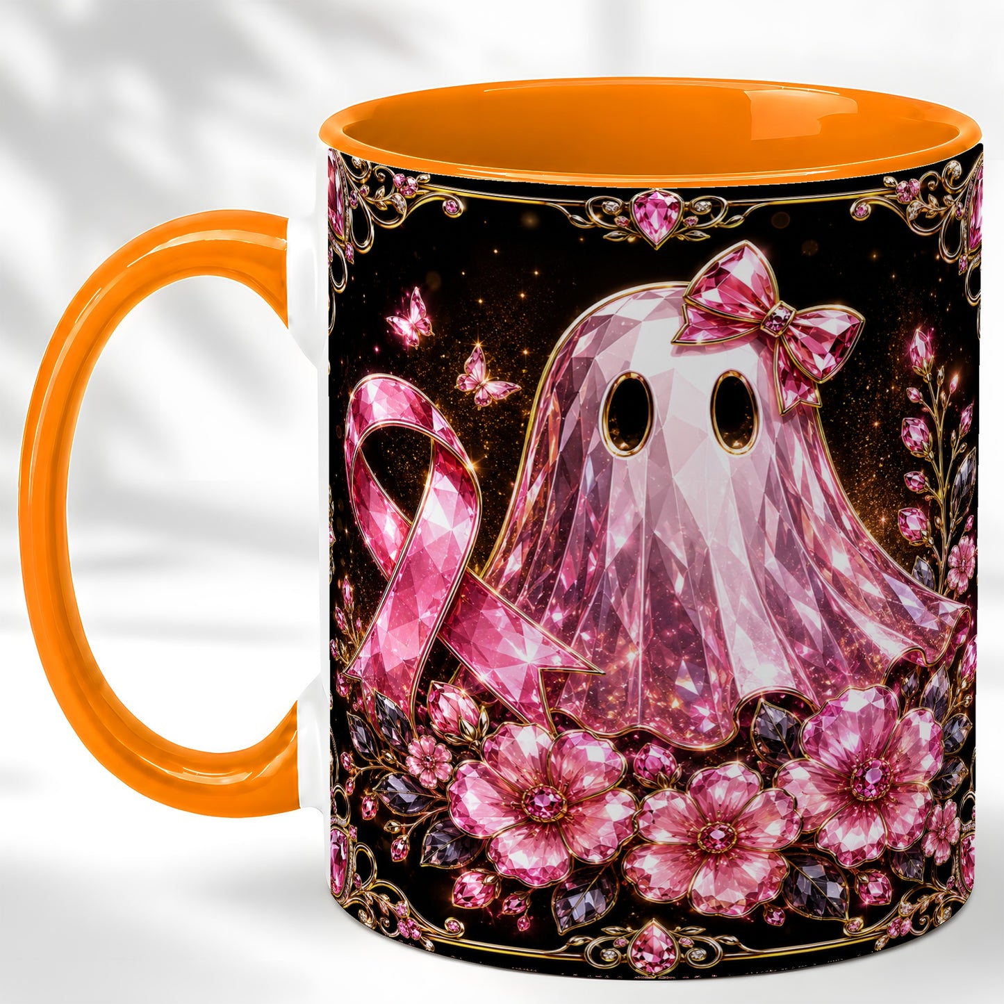 #pl[11oz|Orange] Pink Ribbon Ghost Coffee Mug, Floral Awareness Mug, Ceramic Cup