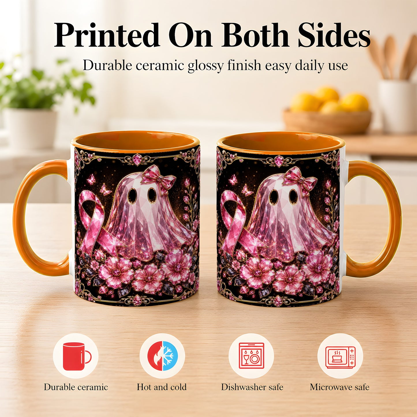 #pl[11oz|Orange] Pink Ribbon Ghost Coffee Mug, Floral Awareness Mug, Ceramic Cup