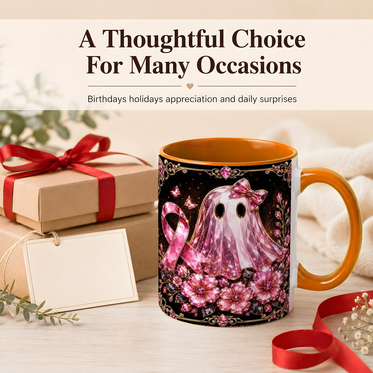 #pl[11oz|Orange] Pink Ribbon Ghost Coffee Mug, Floral Awareness Mug, Ceramic Cup