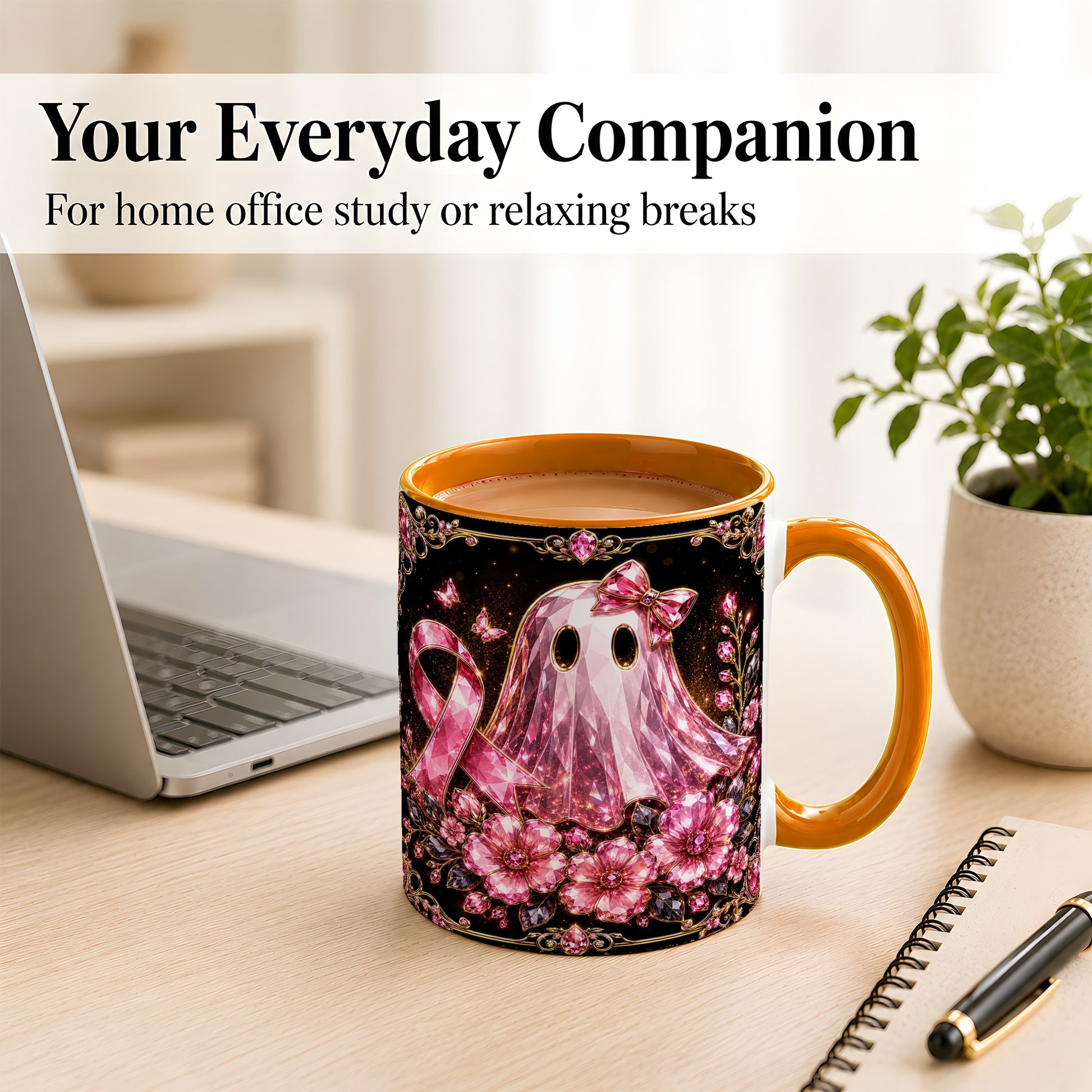 #pl[11oz|Orange] Pink Ribbon Ghost Coffee Mug, Floral Awareness Mug, Ceramic Cup
