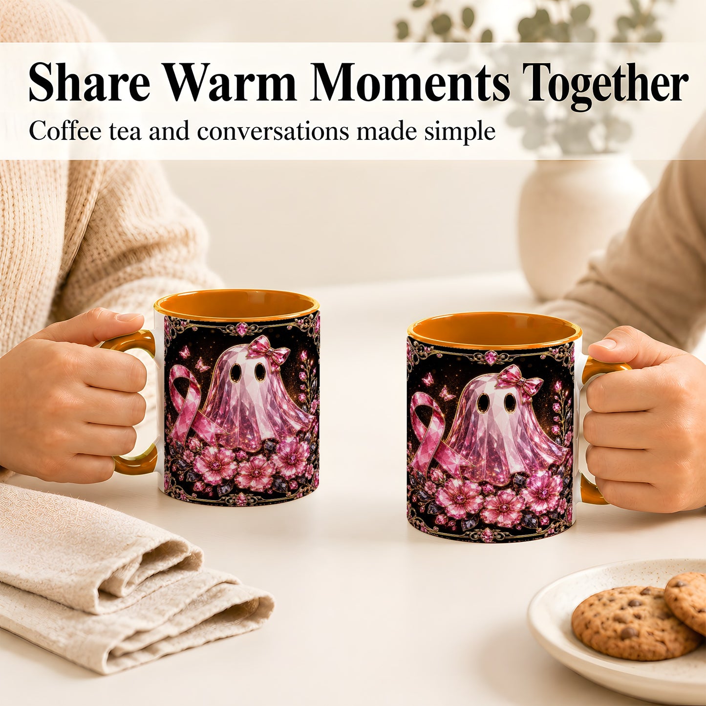 #pl[11oz|Orange] Pink Ribbon Ghost Coffee Mug, Floral Awareness Mug, Ceramic Cup