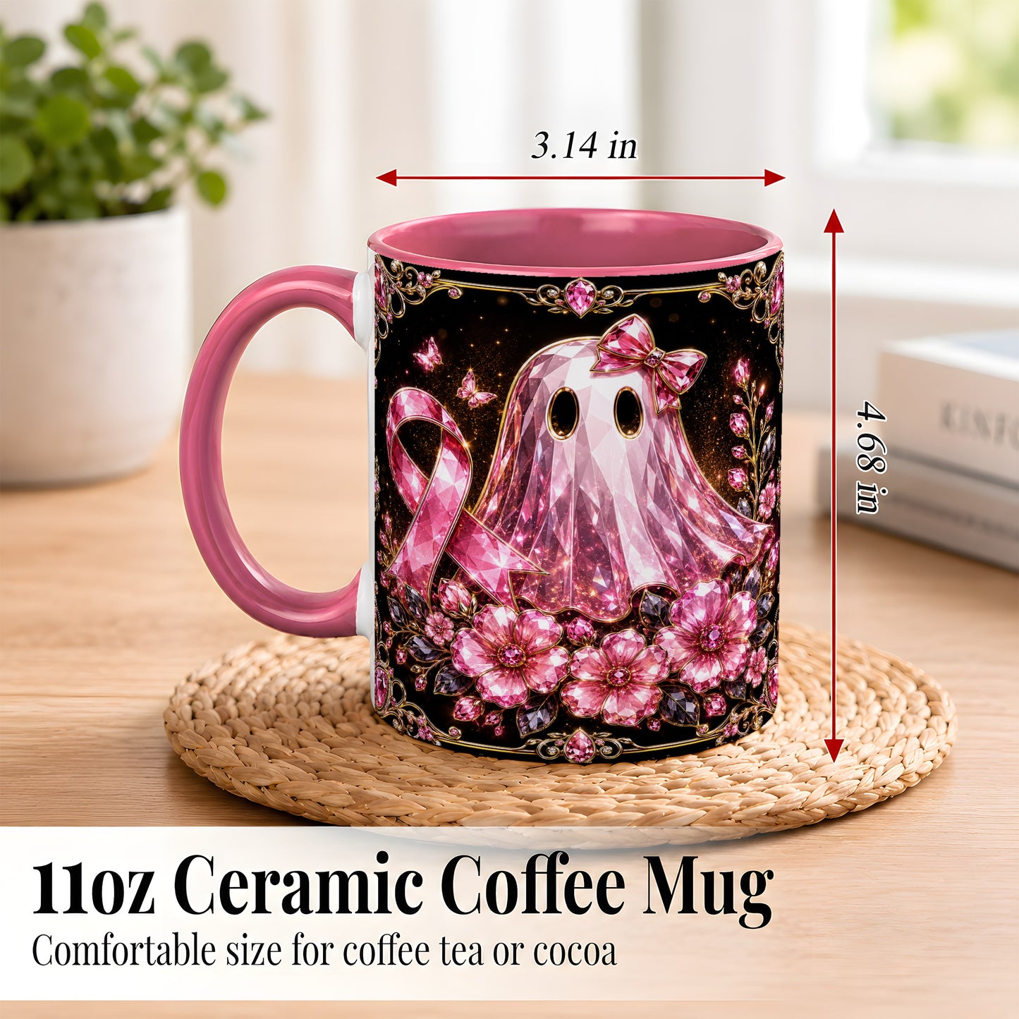 #pl[11oz|Pink] Pink Ribbon Ghost Coffee Mug, Floral Awareness Mug, Ceramic Cup