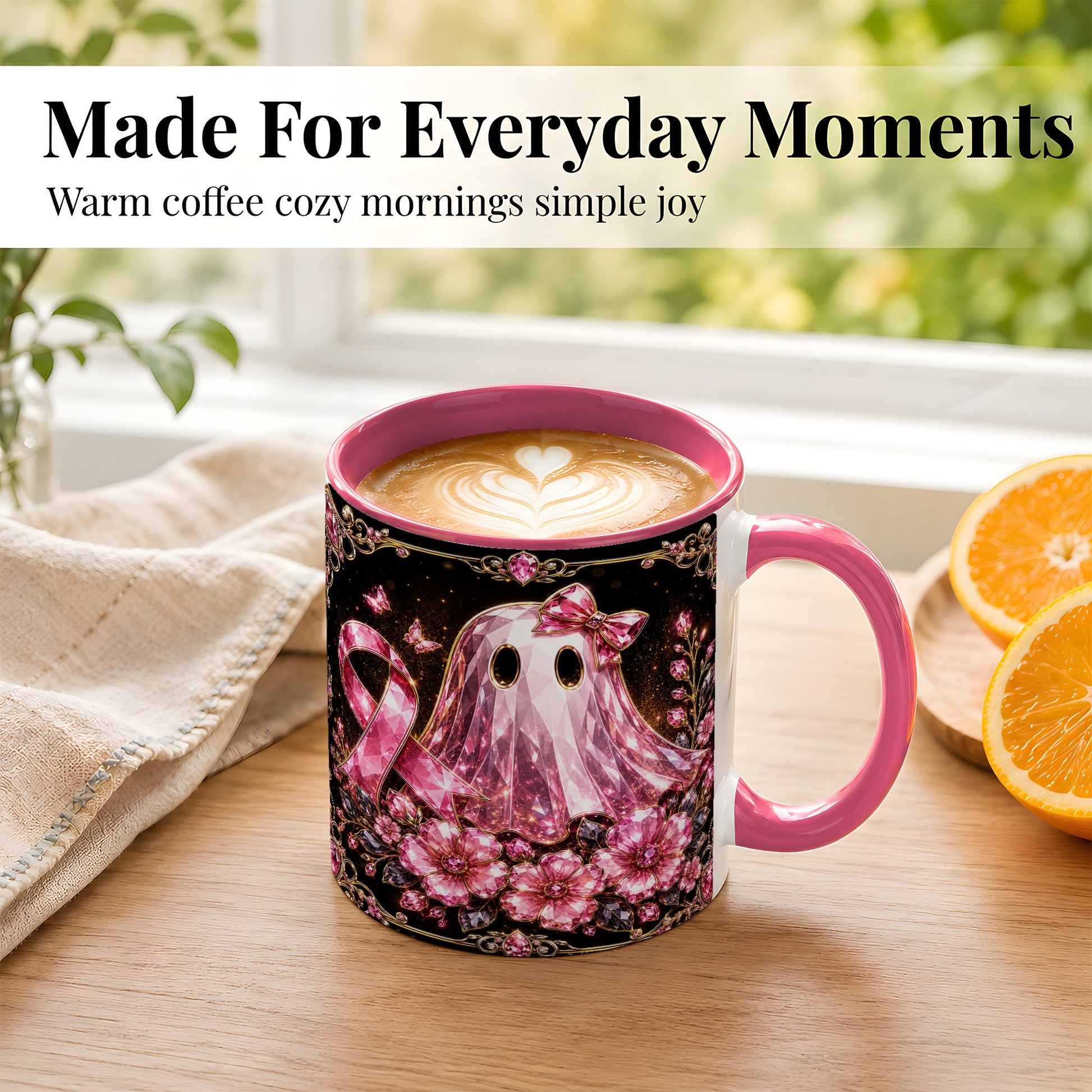#pl[11oz|Pink] Pink Ribbon Ghost Coffee Mug, Floral Awareness Mug, Ceramic Cup