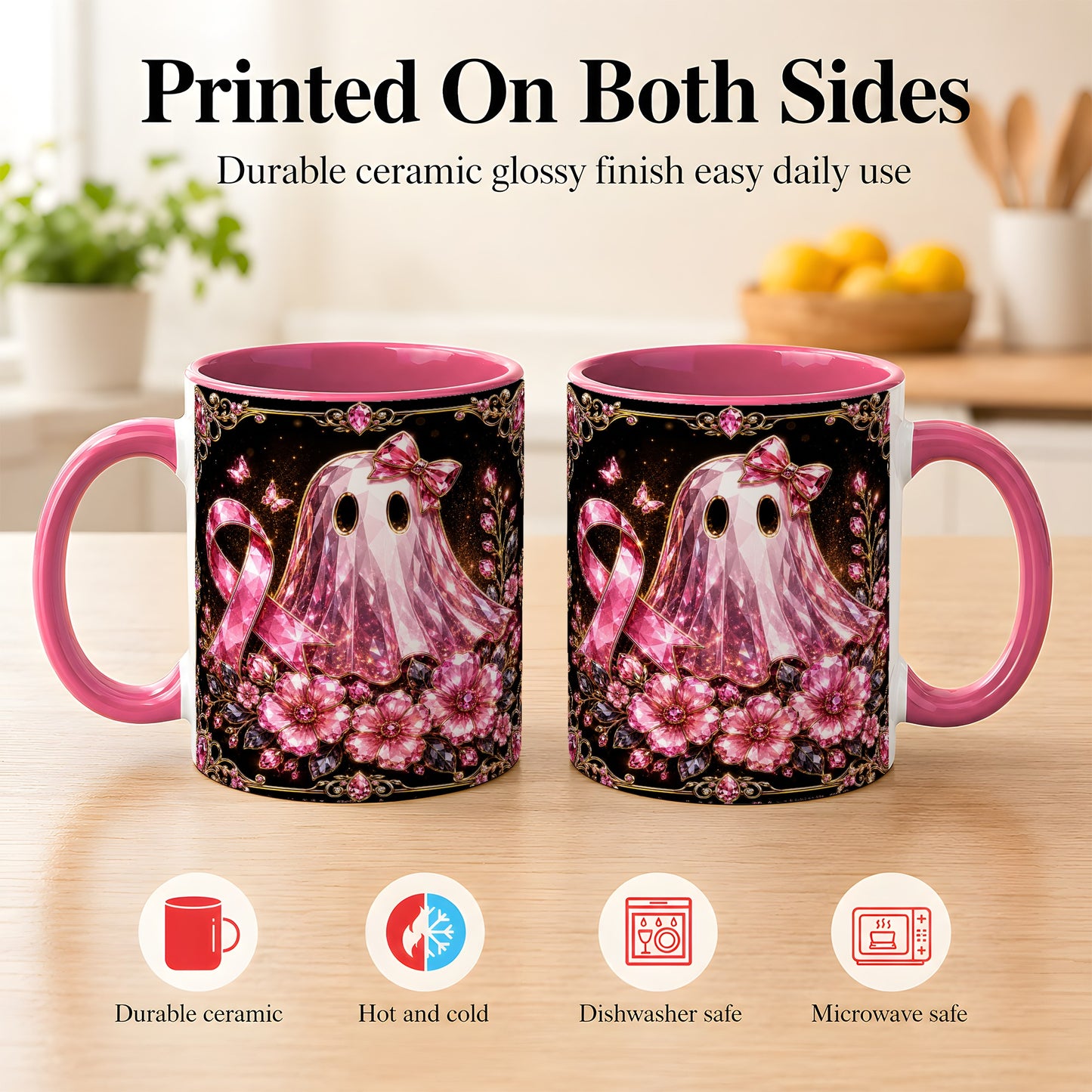 #pl[11oz|Pink] Pink Ribbon Ghost Coffee Mug, Floral Awareness Mug, Ceramic Cup